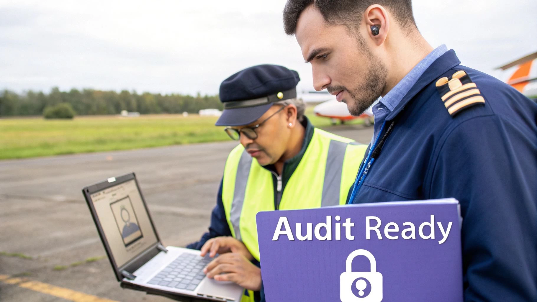 Pilot and ground crew use a laptop to prepare for an audit at an airport.
