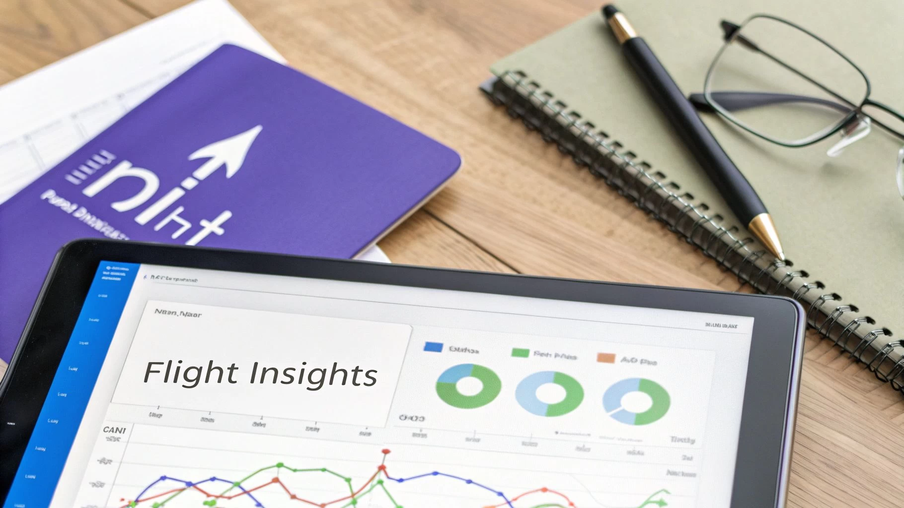 A tablet displays 'Flight Insights' with charts, next to notebooks, pen, and glasses on a wooden desk.