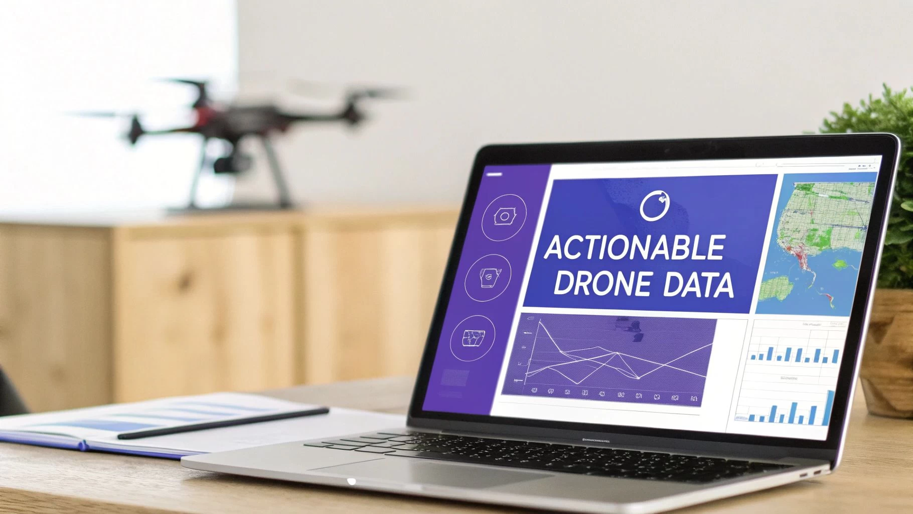 A laptop displays 'Actionable Drone Data' analytics with charts, a map, and a blurred drone.