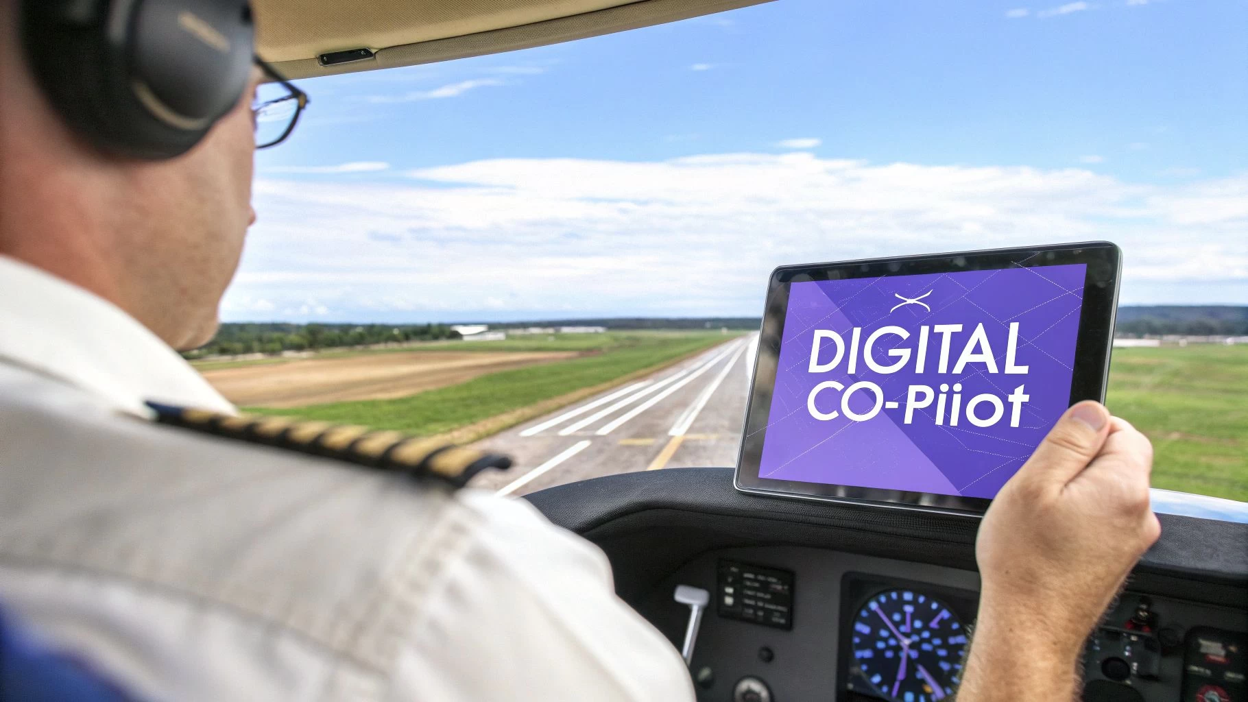 A pilot using flight planning software on a tablet in a cockpit