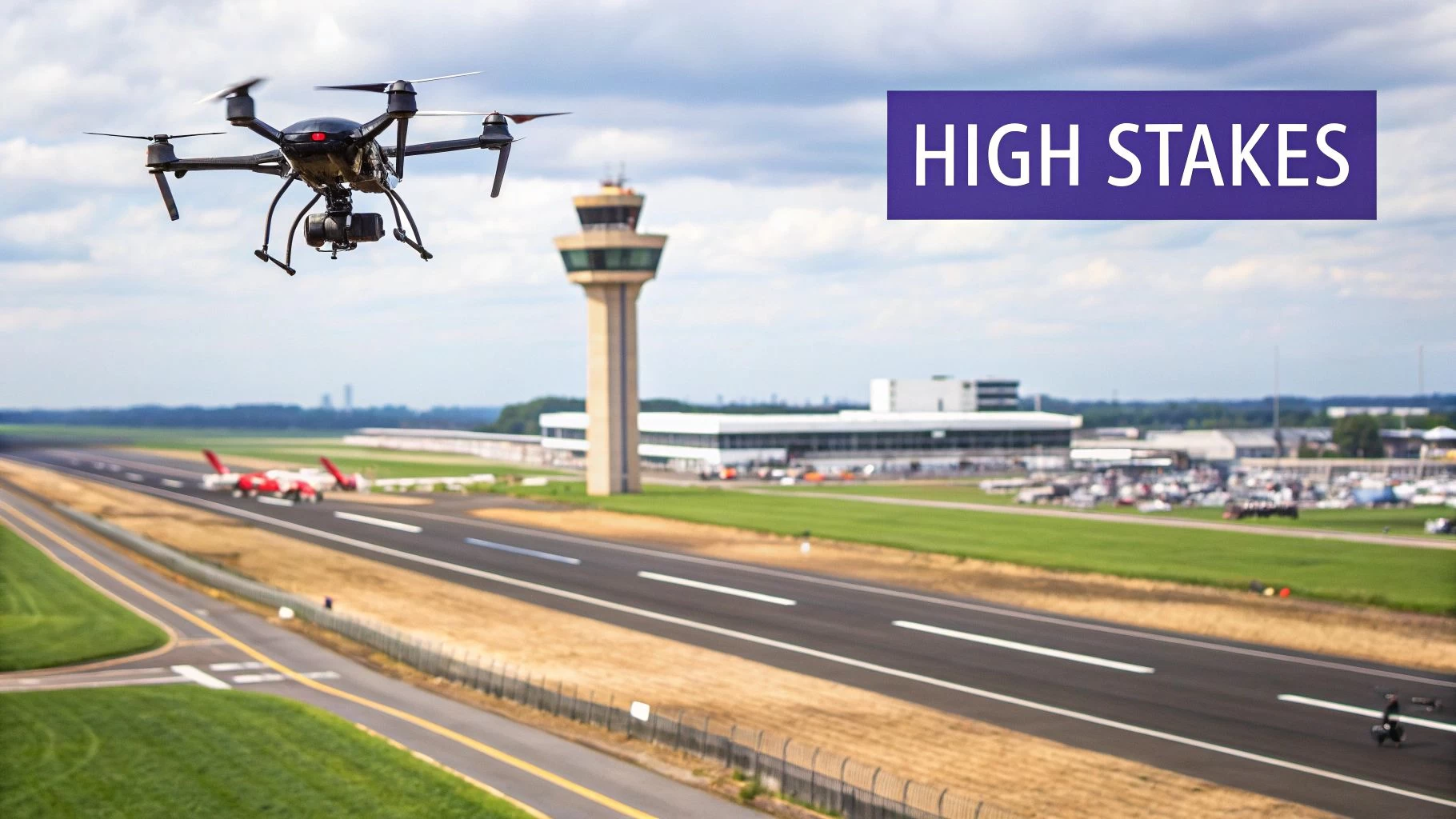 A drone flying with an airport runway visible in the background