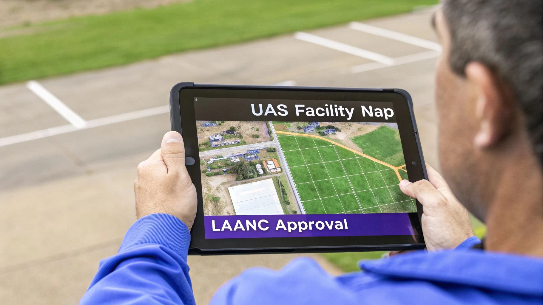 A drone pilot using a smartphone app to check airspace maps and request LAANC authorization.
