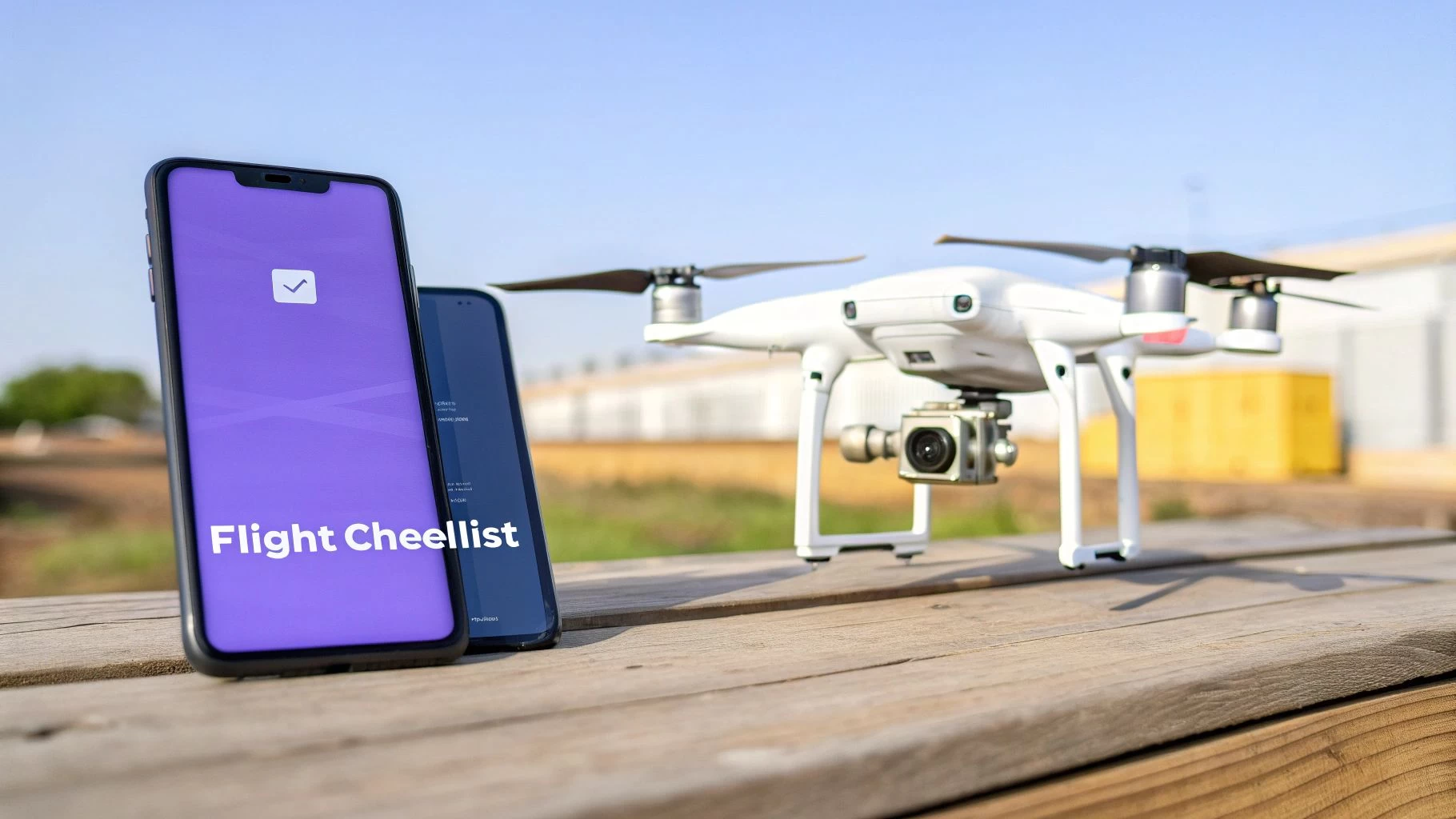 A pilot's hands holding a tablet with a pre-flight checklist app open, with a drone in the blurred background.