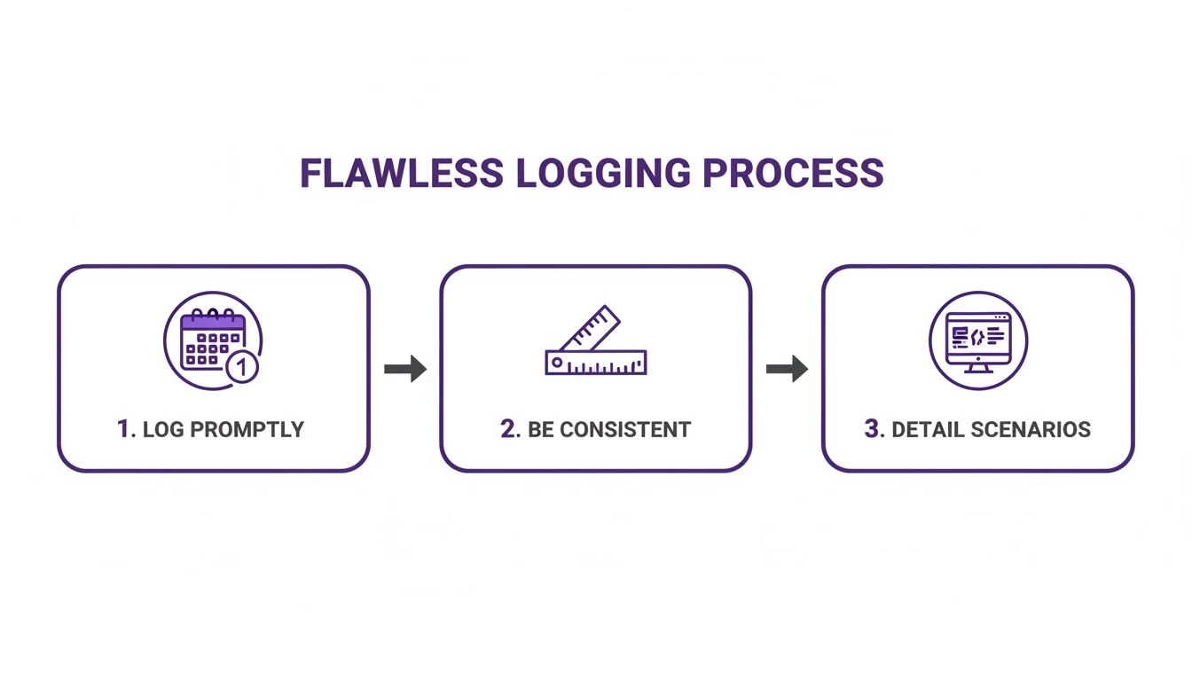 A flawless logging process flowchart with three steps: Log Promptly, Be Consistent, and Detail Scenarios.