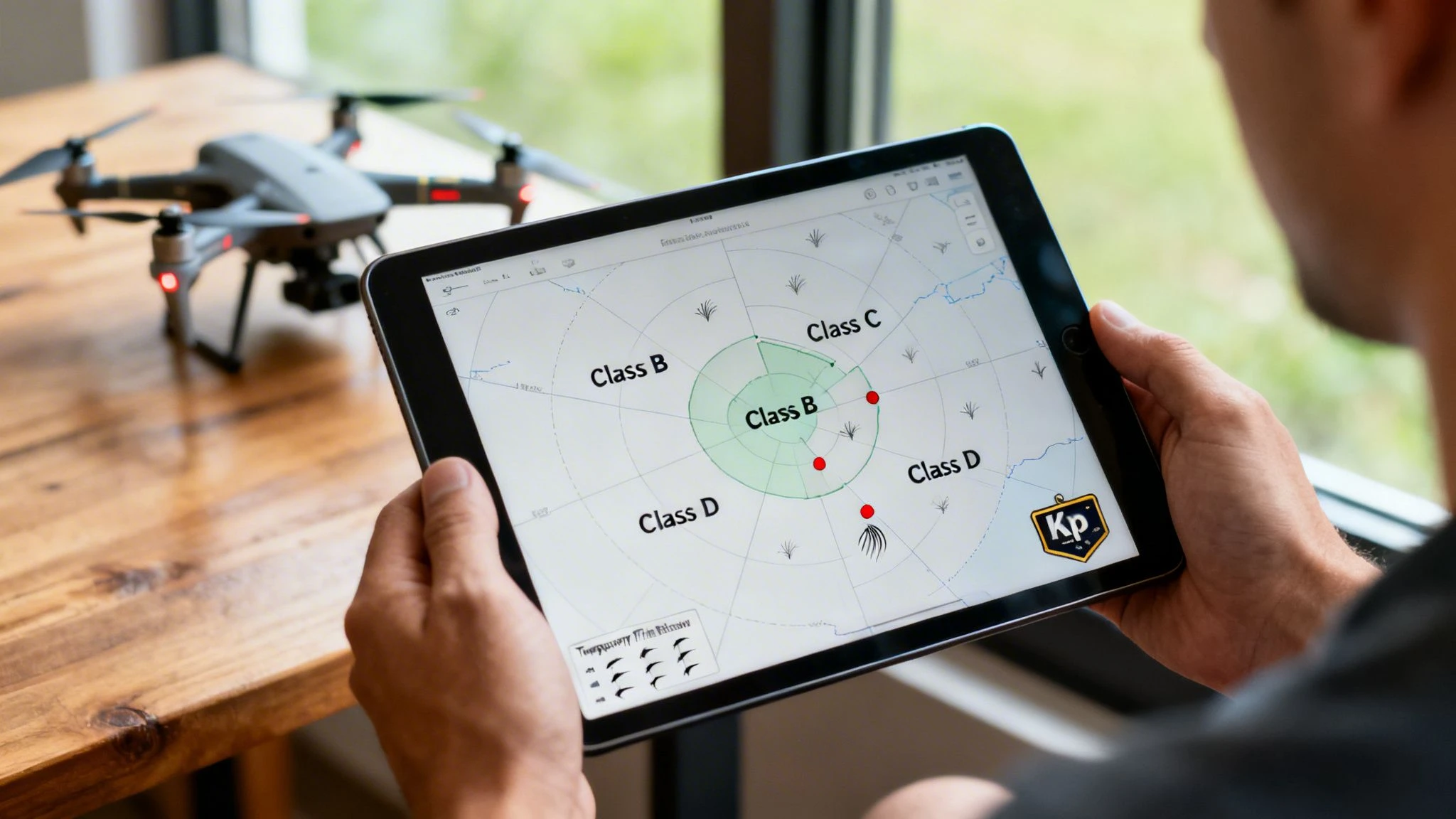 A person holds a tablet displaying a drone flight planning map with airspace classifications, a drone sits nearby.