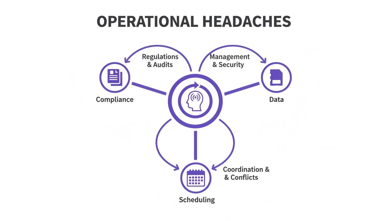 A diagram illustrates operational headaches: compliance, data, and scheduling challenges, including regulations, security, and conflicts.