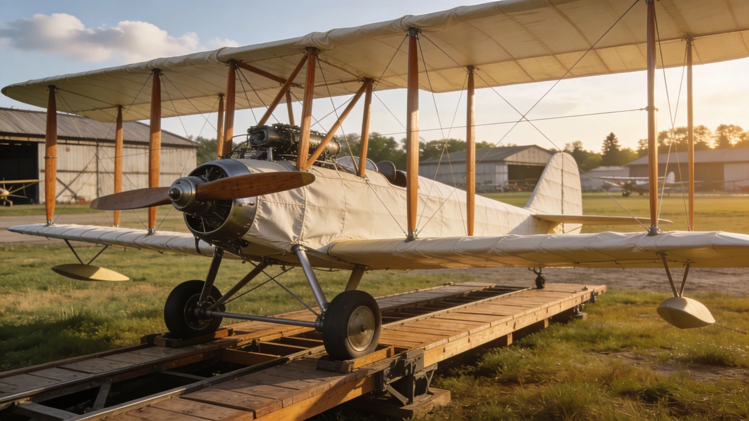 A vintage biplane aircraft resting on a wooden launch ramp at a historic airfield at sunset.