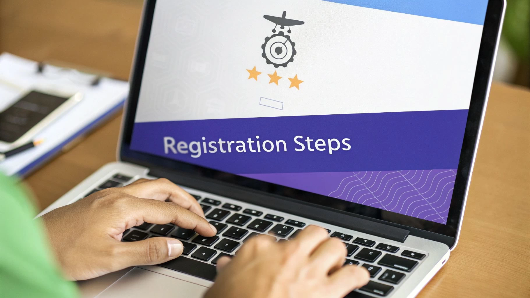 A desk with a drone, laptop, and notepad, ready for registration.