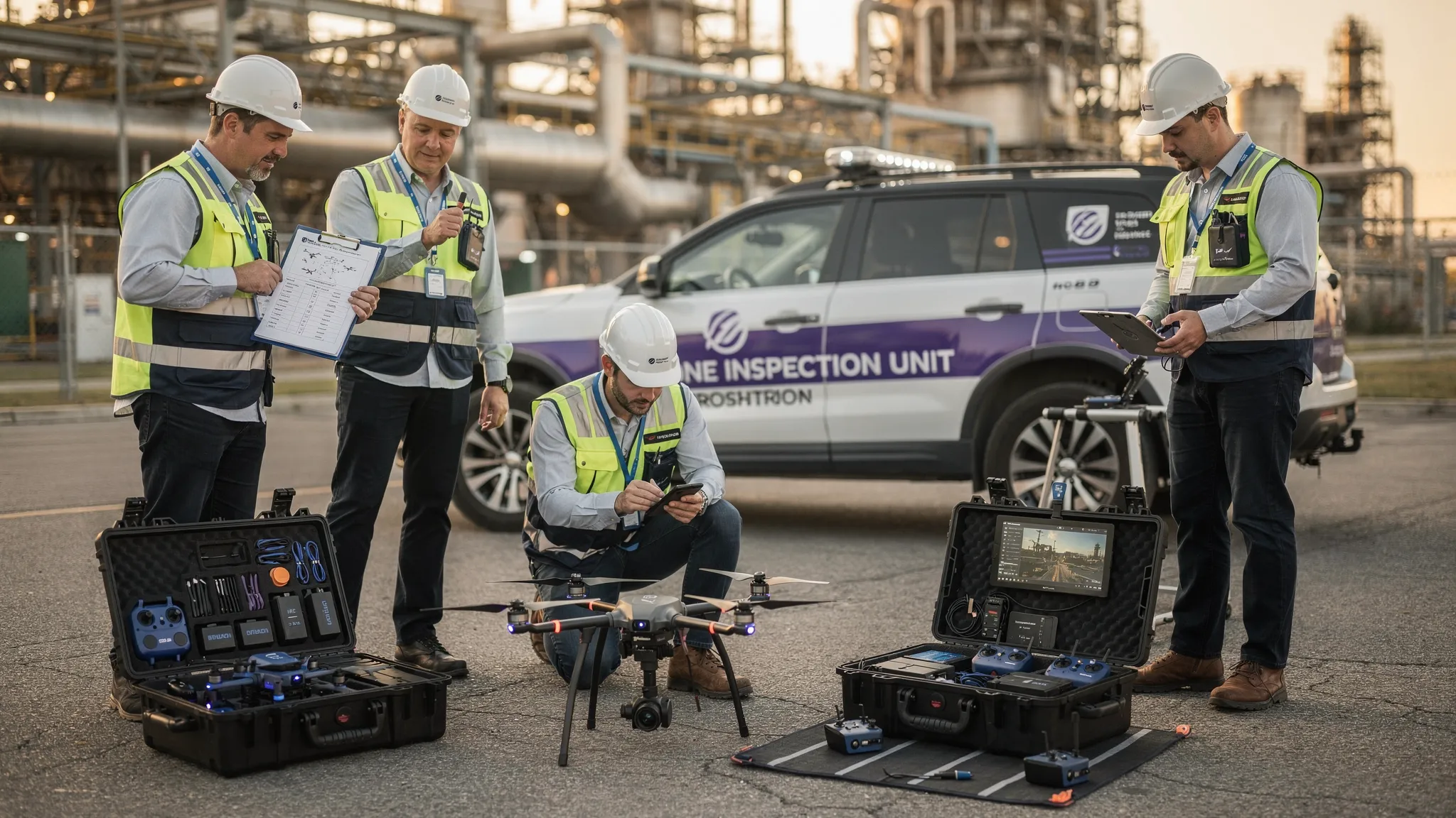 A professional drone operations team preparing multiple drones and equipment cases beside a marked inspection vehicle at an industrial site, with a manager reviewing printed flight documents and pilots checking aircraft before deployment.