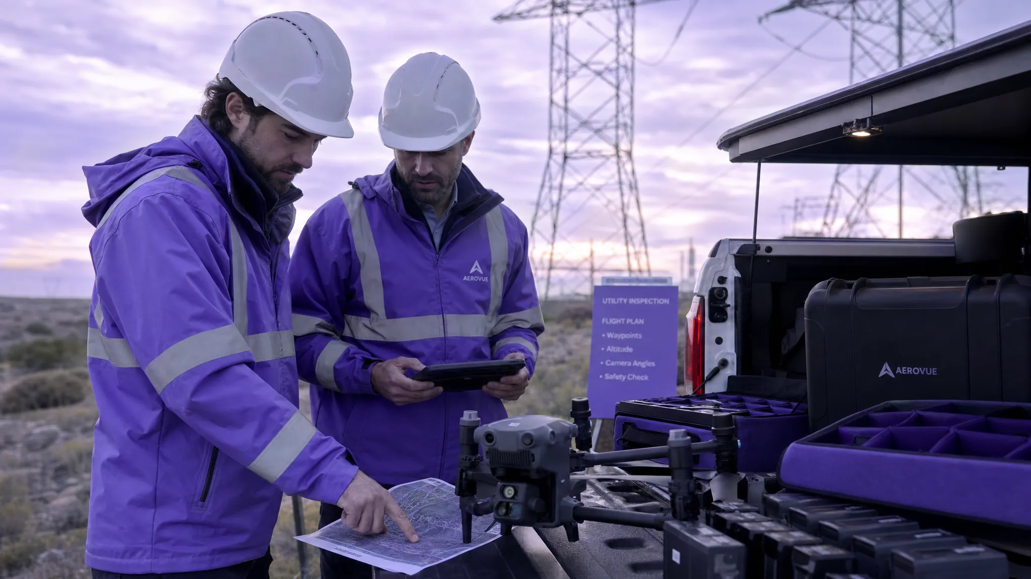 A professional drone operations team reviewing a planned utility inspection beside neatly organised drone equipment, batteries and flight documents, with a drone ready for deployment on the tailgate of a vehicle in an outdoor industrial setting.