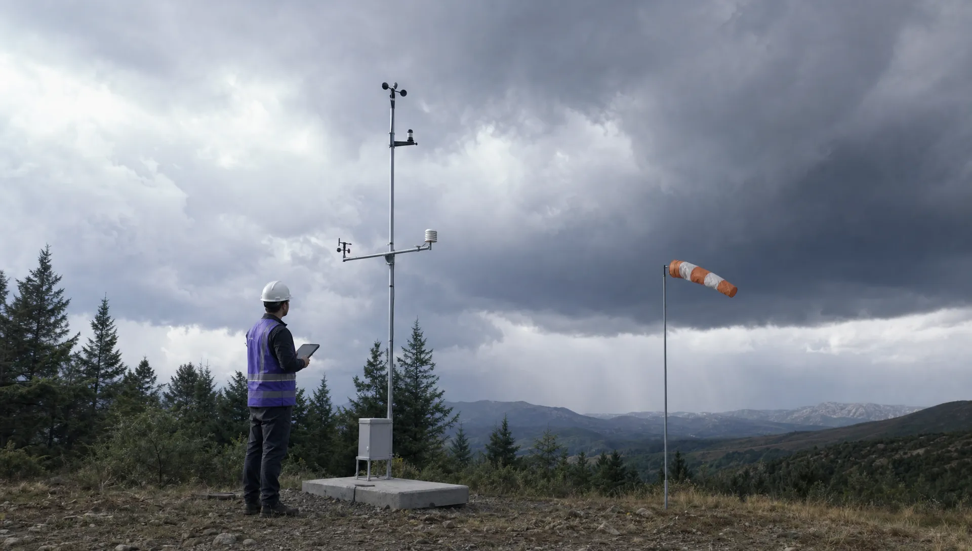 An anemometer and windsock stand at an open survey site with nearby trees, a distant ridge and rain clouds approaching.