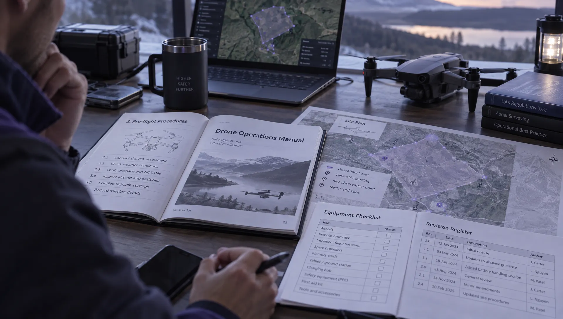 An open drone operations manual lies beside a printed site map, equipment checklist and revision register on a planning desk.