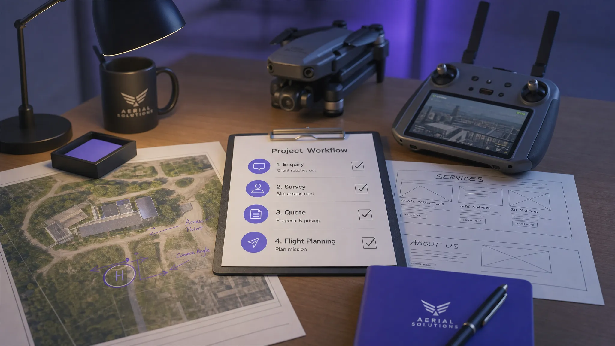 A tidy desk with a drone controller, printed site map, service page sketches and a checklist showing enquiry, survey, quote and flight planning steps for a professional drone business website.