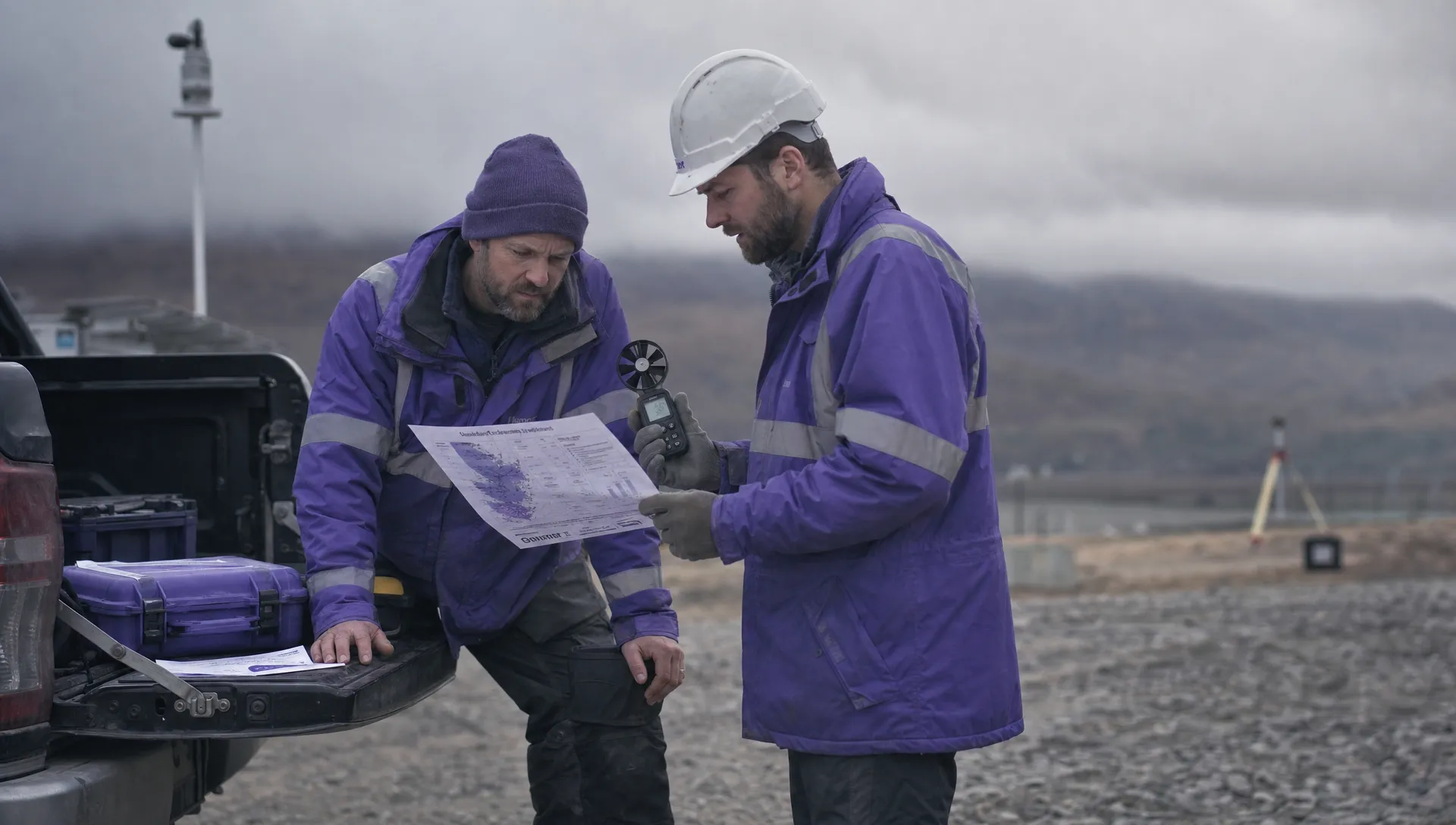 A survey crew at an exposed rural worksite reviews a printed weather briefing beside a handheld anemometer, with low cloud over the distant hills.