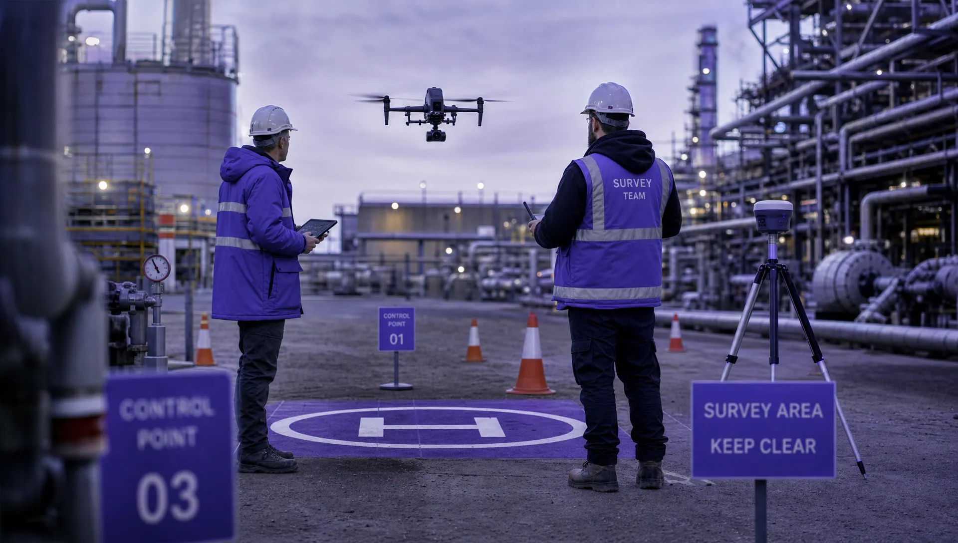 Two survey technicians carry out a drone survey on a complex industrial site, with a marked take-off area, safety cones, control points and utility infrastructure nearby.