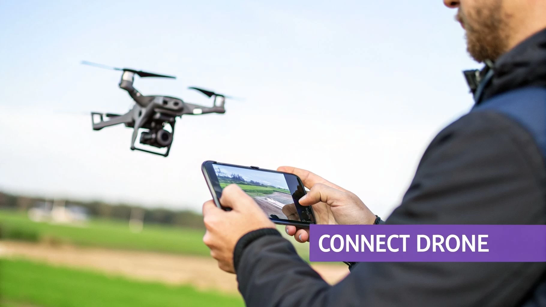 A person is connecting and operating a drone using a smartphone, displaying the drone's live camera feed.