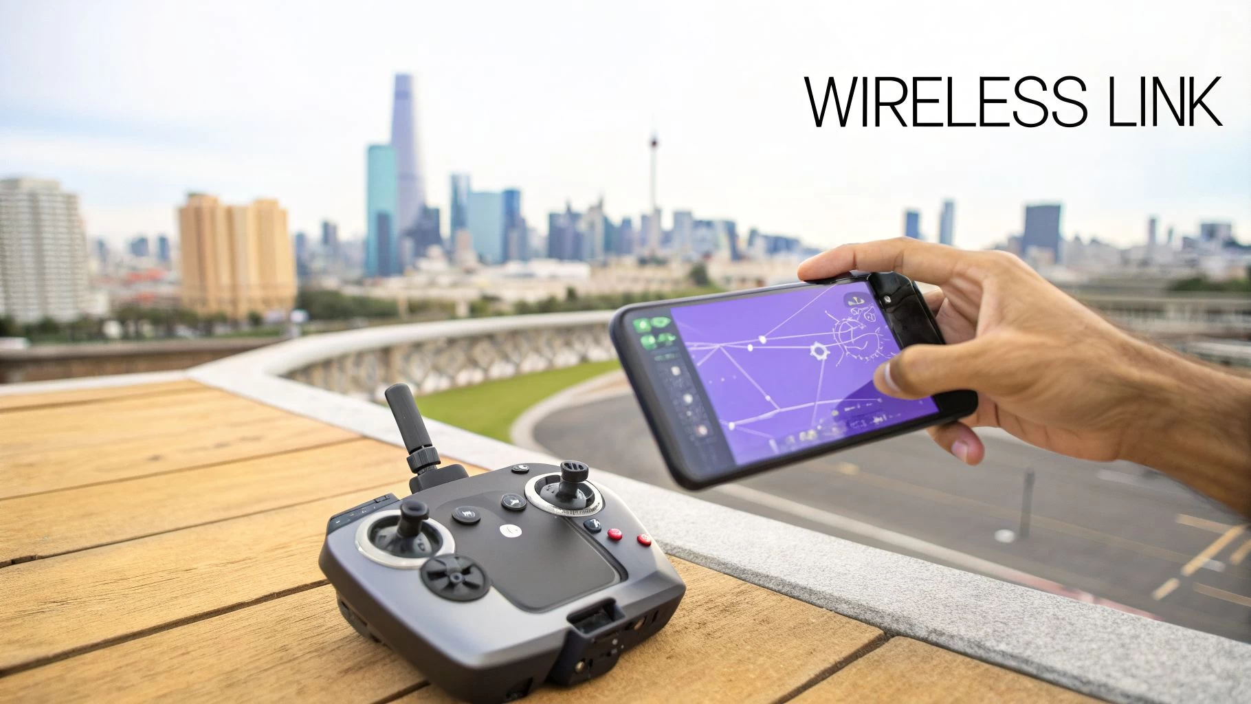 A drone remote control and a smartphone displaying a map interface on a wooden table, overlooking a city skyline.