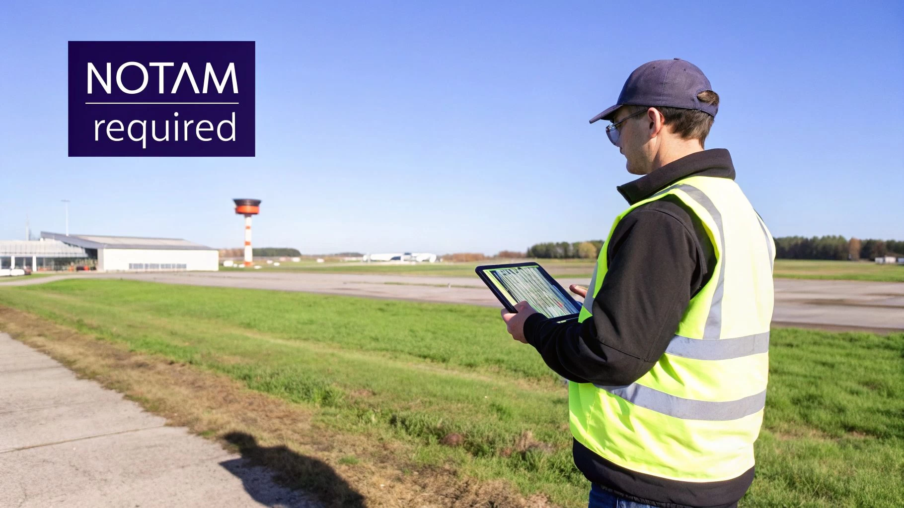 Airport worker in a high-visibility vest using a tablet near a control tower, with 'NOTAM required' text.