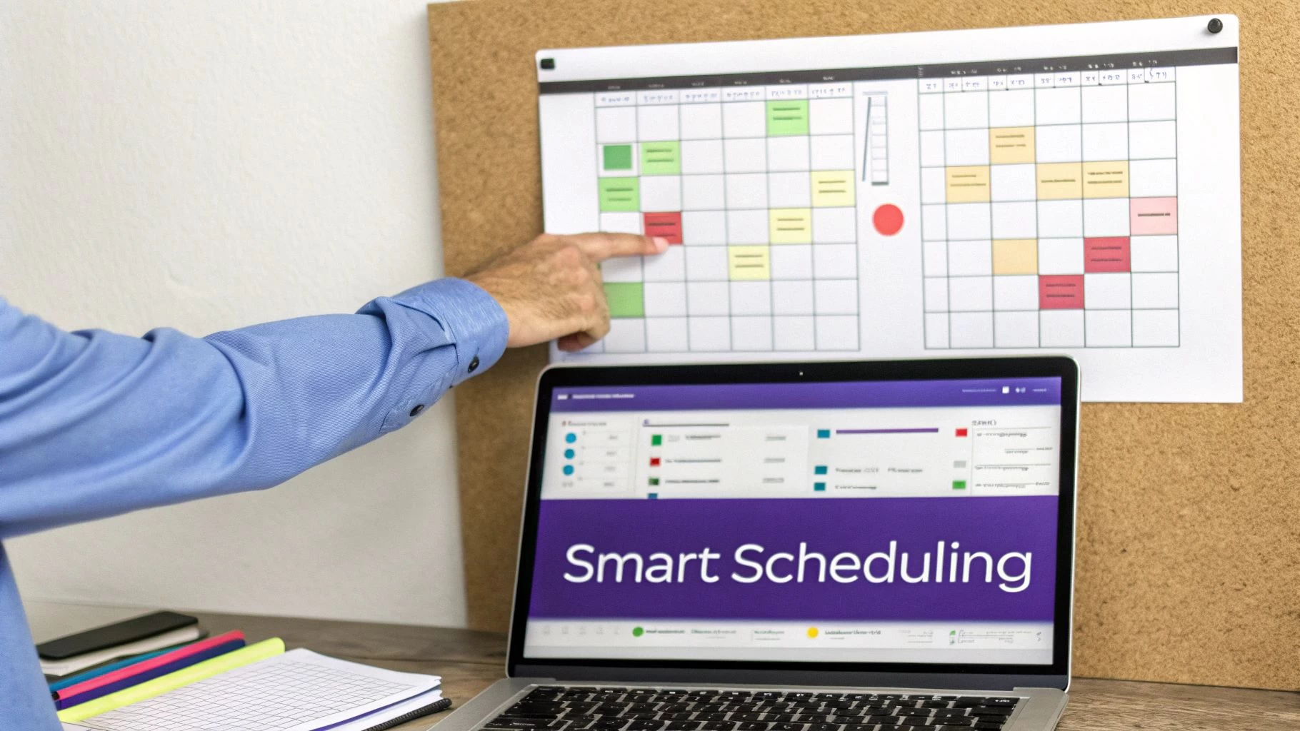 A person points at a physical schedule board while a laptop displays 'Smart Scheduling' on a desk with notebooks.