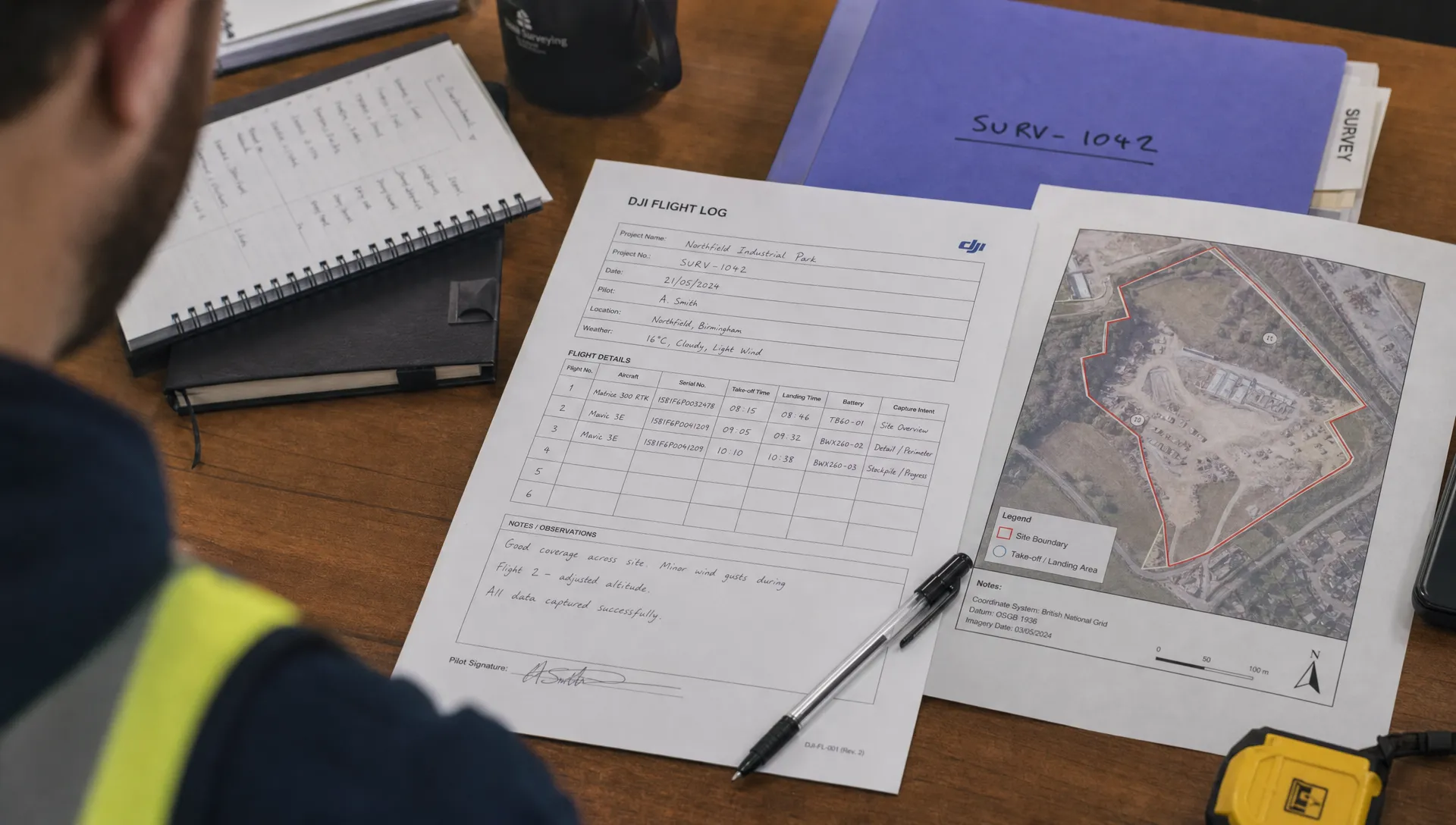 A printed DJI flight log worksheet beside a site map and SURV-1042 folder shows take-off times, aircraft details and a matching decision.
