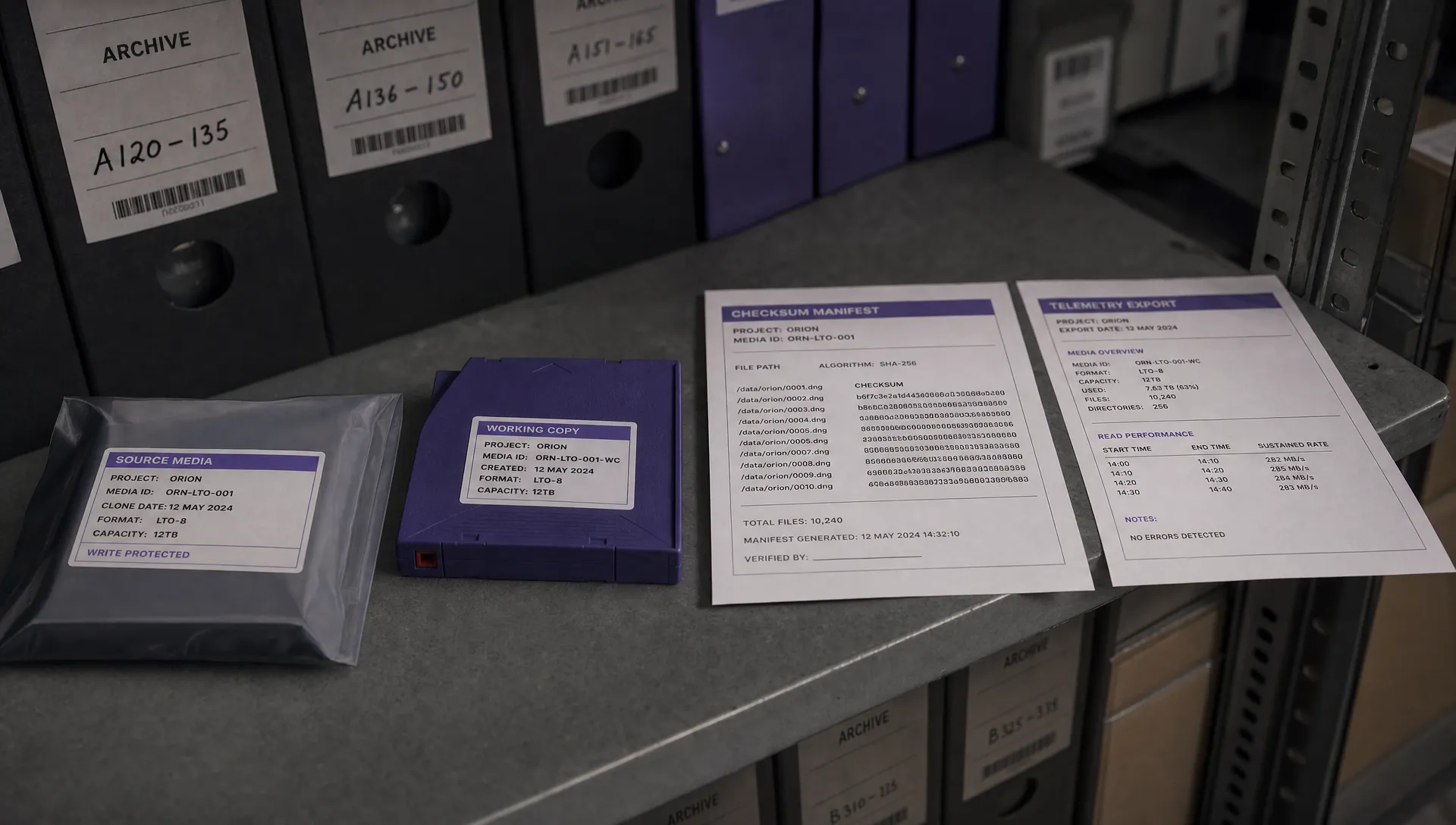A source drive, working copy and checksum manifest sit together in a DJI flight log archive.