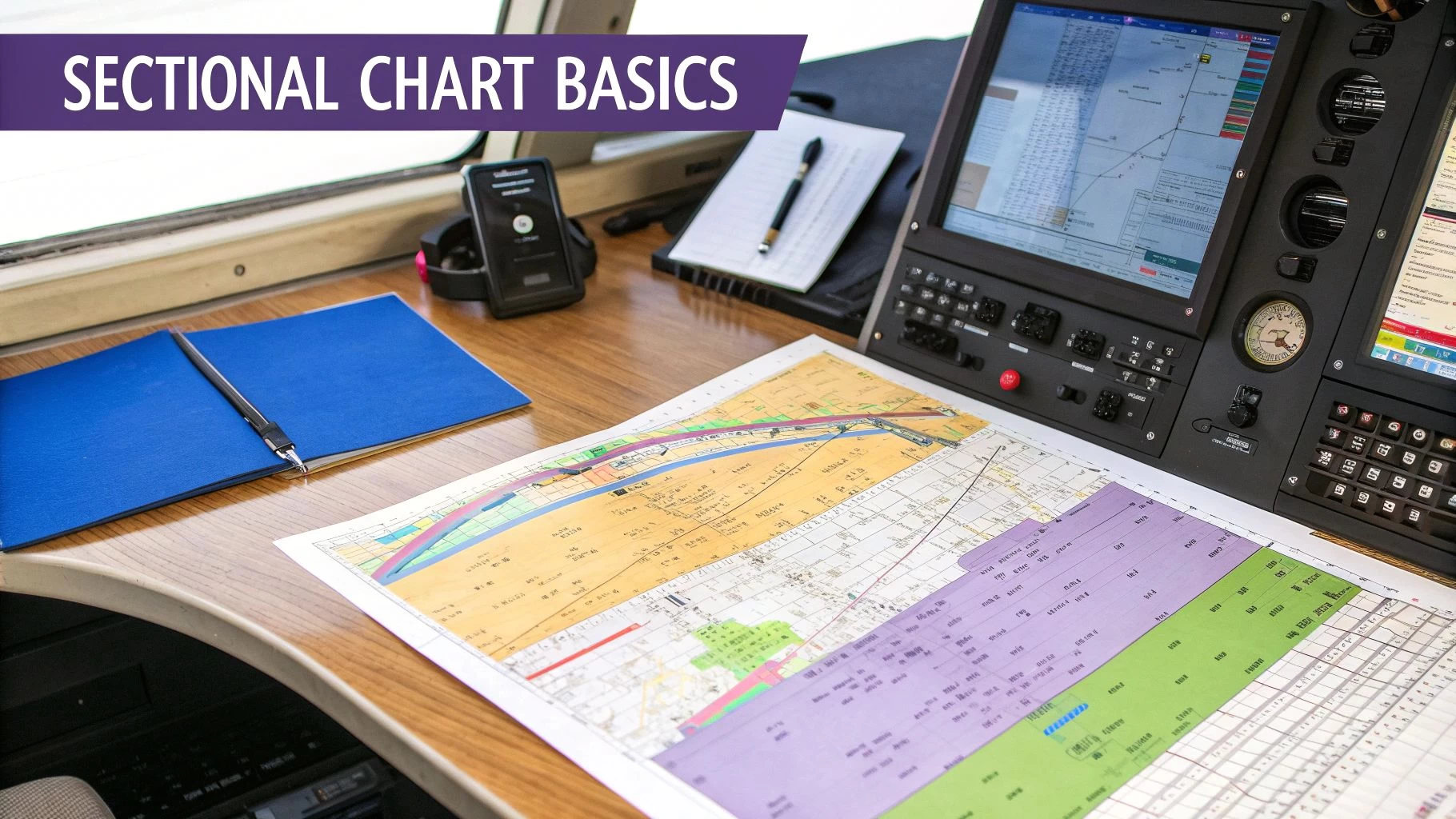 An pilot reviewing a sectional chart in an airplane cockpit