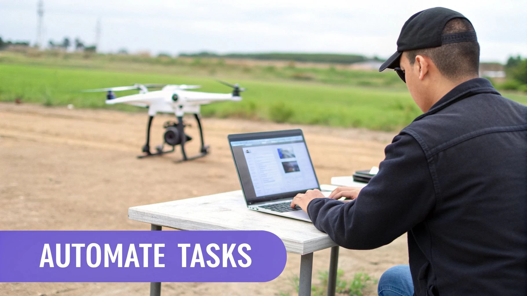 A drone pilot using a tablet in the field, with icons representing automation overlayed on the image.
