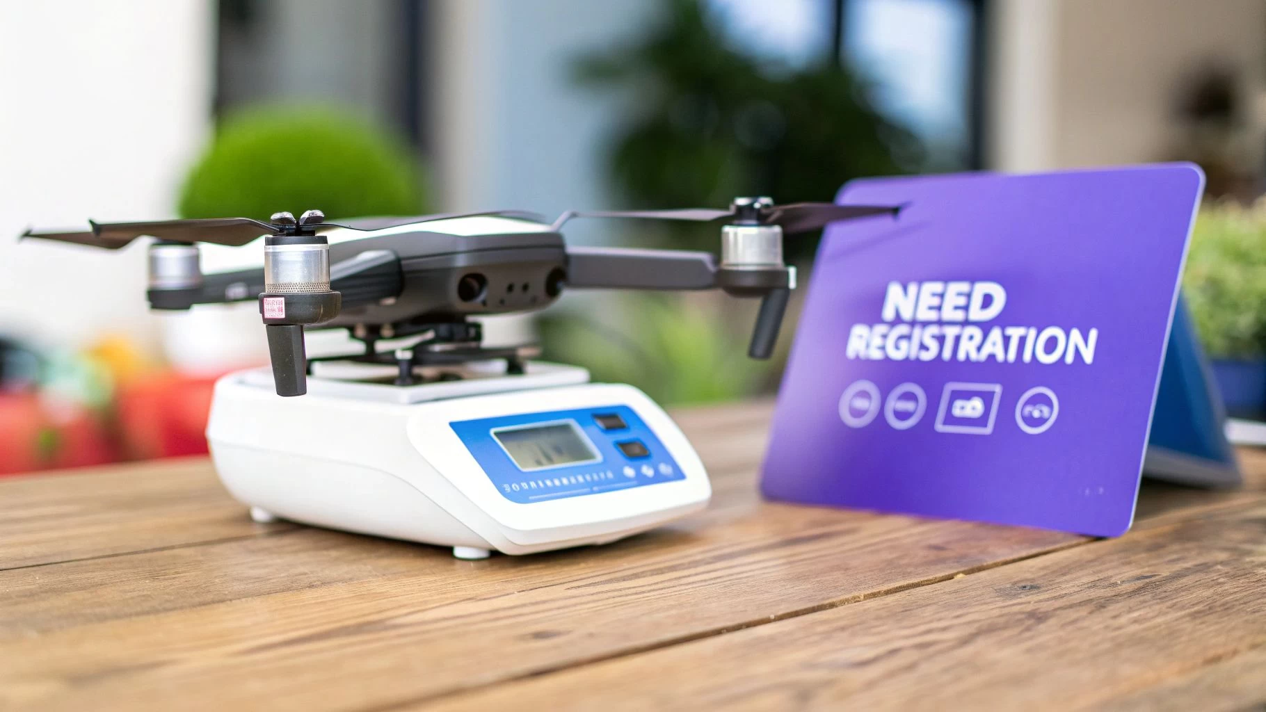 A person sitting at a desk with a laptop, drone, and a checklist, getting ready to register their drone.