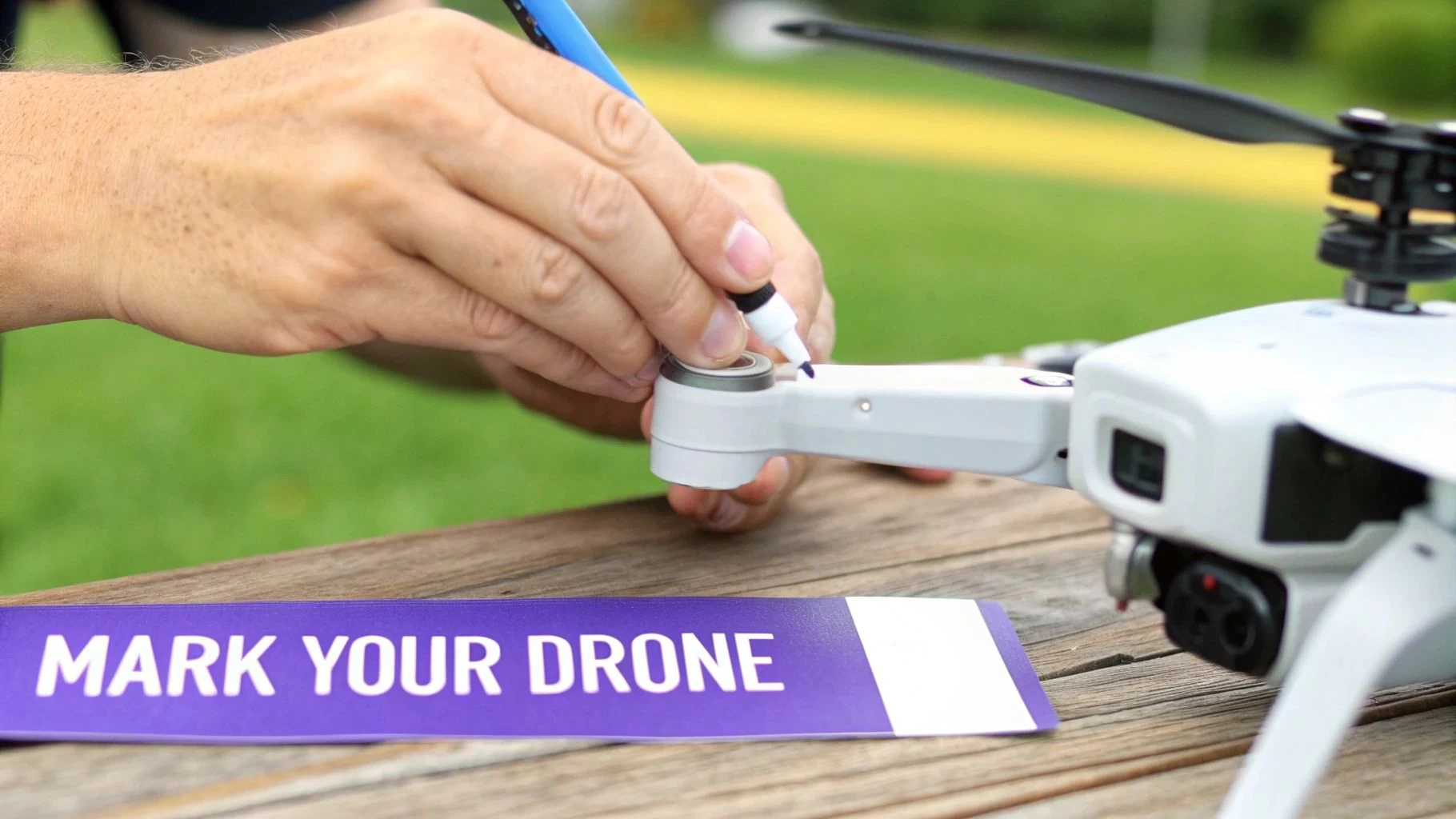 A drone pilot checking compliance rules on a tablet outdoors.