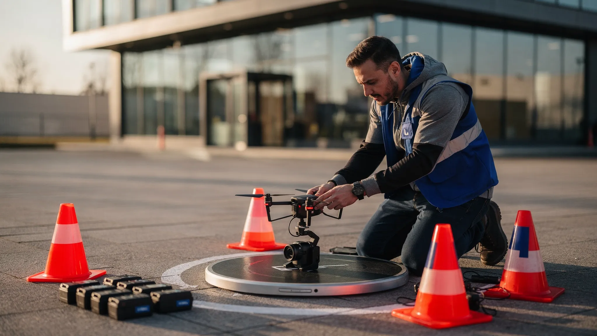 A drone operator setting up a compact camera drone on a landing pad beside a marked take-off area near a commercial property, with spare batteries and safety cones arranged on the ground.