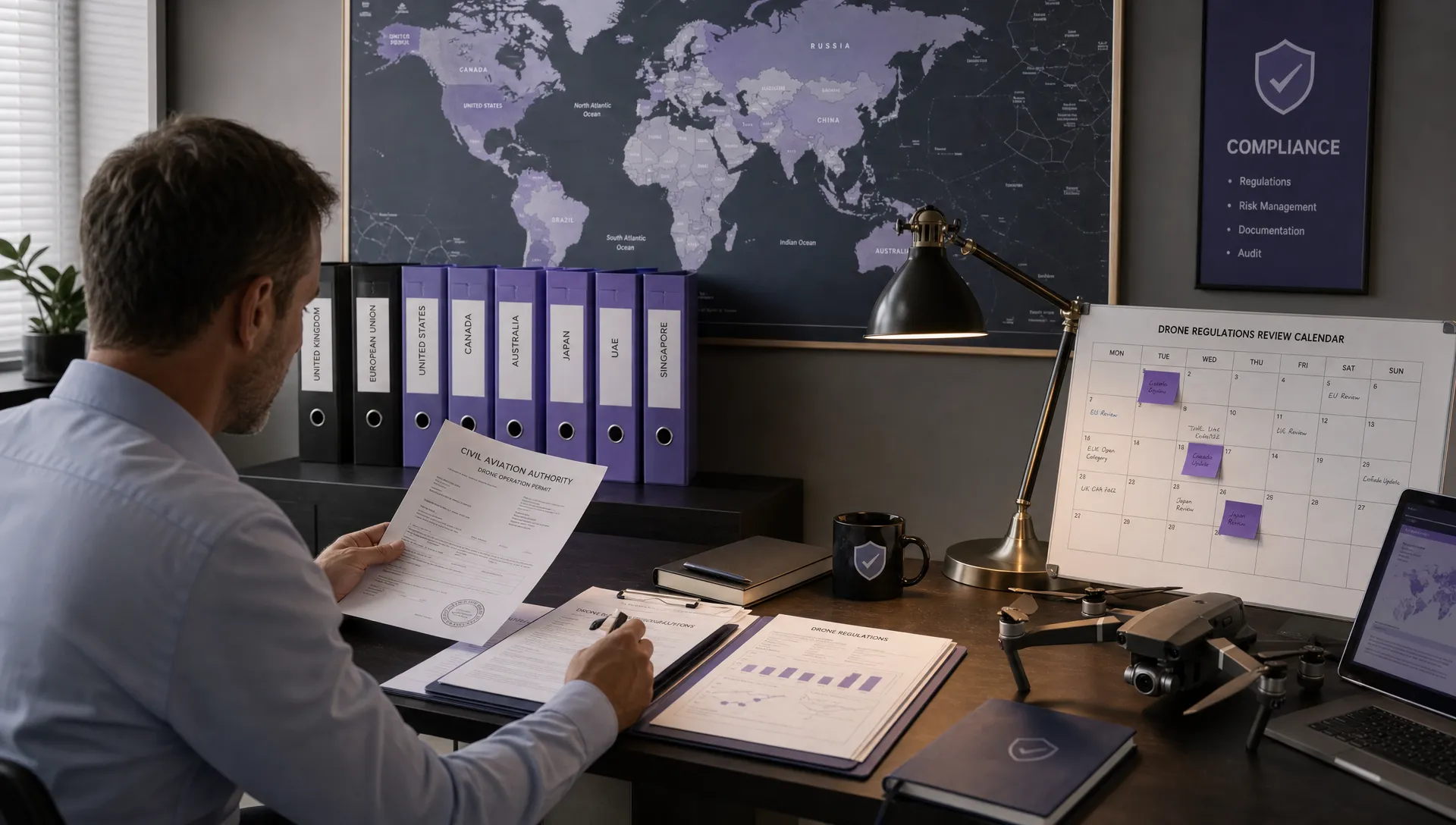 A compliance desk with a world map, country folders, printed official records and a review calendar for tracking drone regulations worldwide.