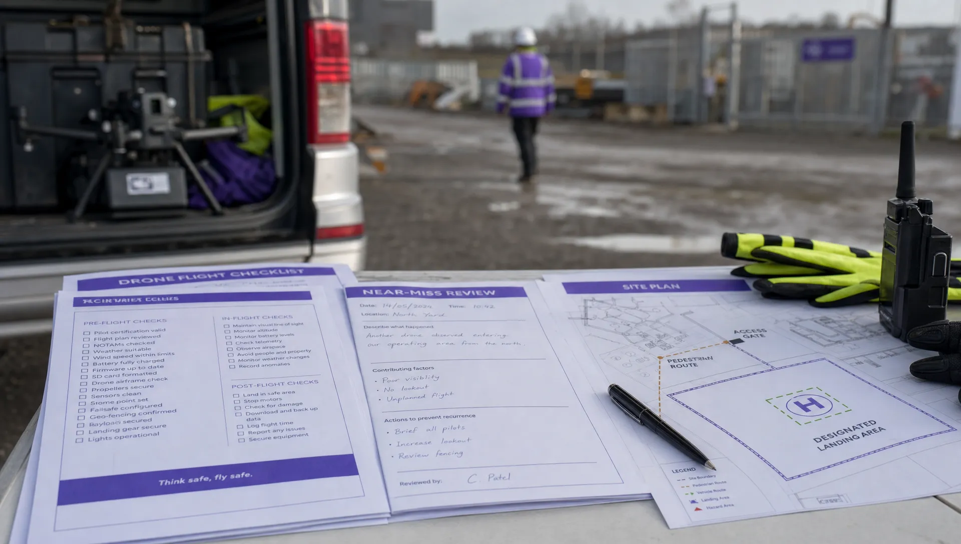 Printed drone flight checklists sit beside a near-miss review sheet and site plan on a field desk.