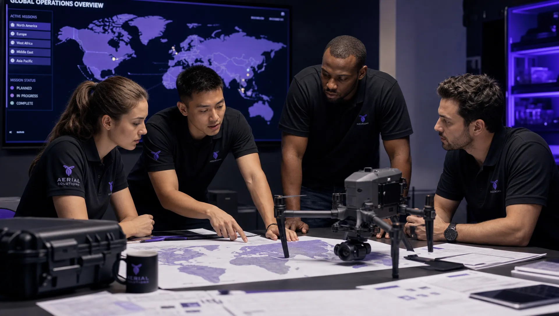 A professional drone operations team reviewing a world map, flight planning documents and a drone on a conference table before an international deployment.