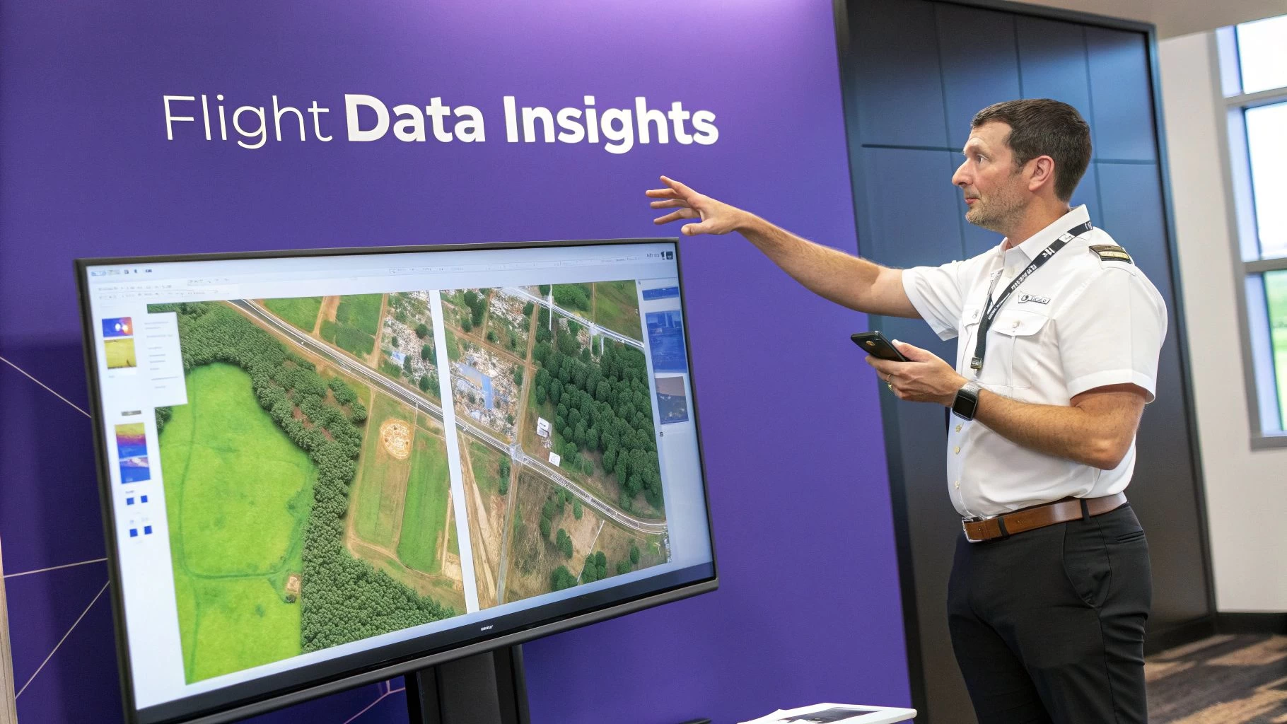 A drone pilot analyzing data on a laptop, with charts and graphs overlaid.