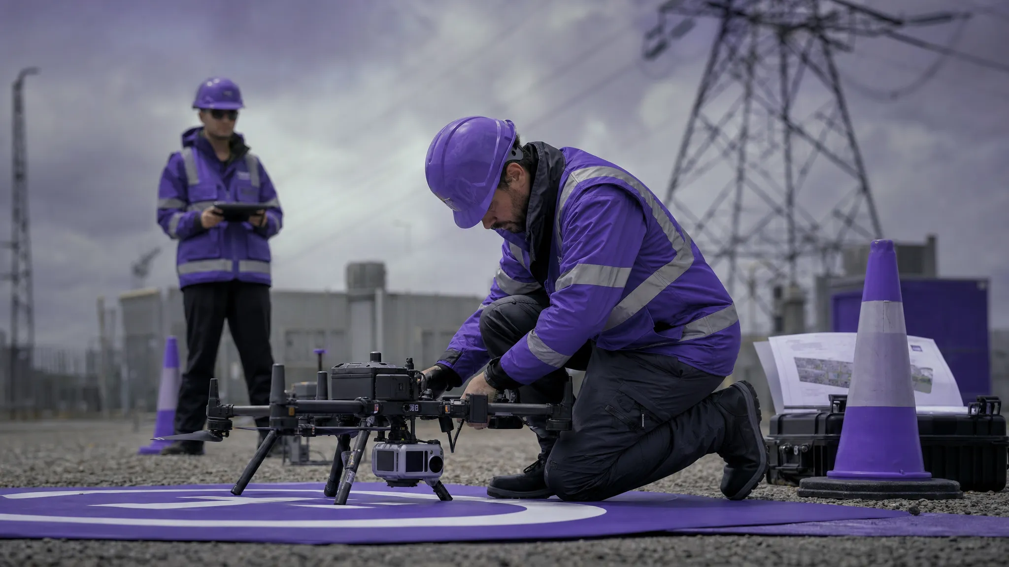 A professional drone operator prepares a survey drone beside a utility site, with safety cones, an observer and printed flight documents ready before launch.