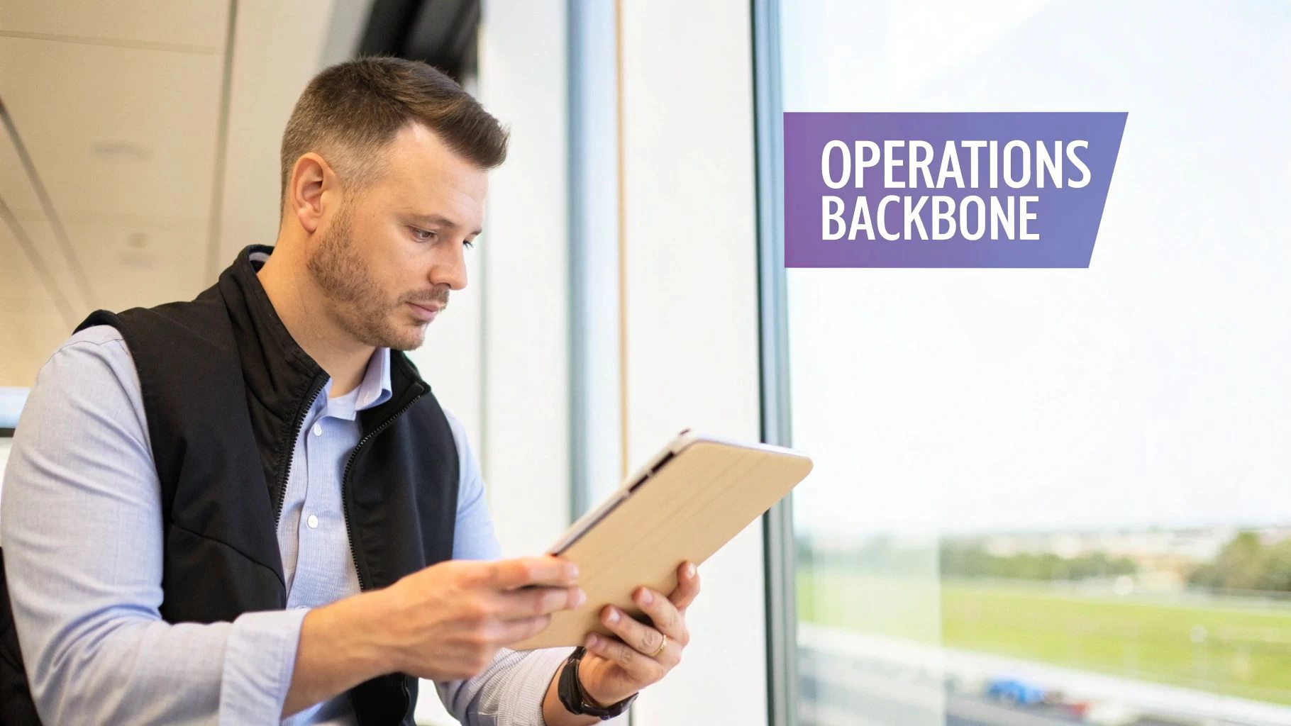 A man in a black vest and blue shirt uses a tablet, with "OPERATIONS BACKBONE" text.