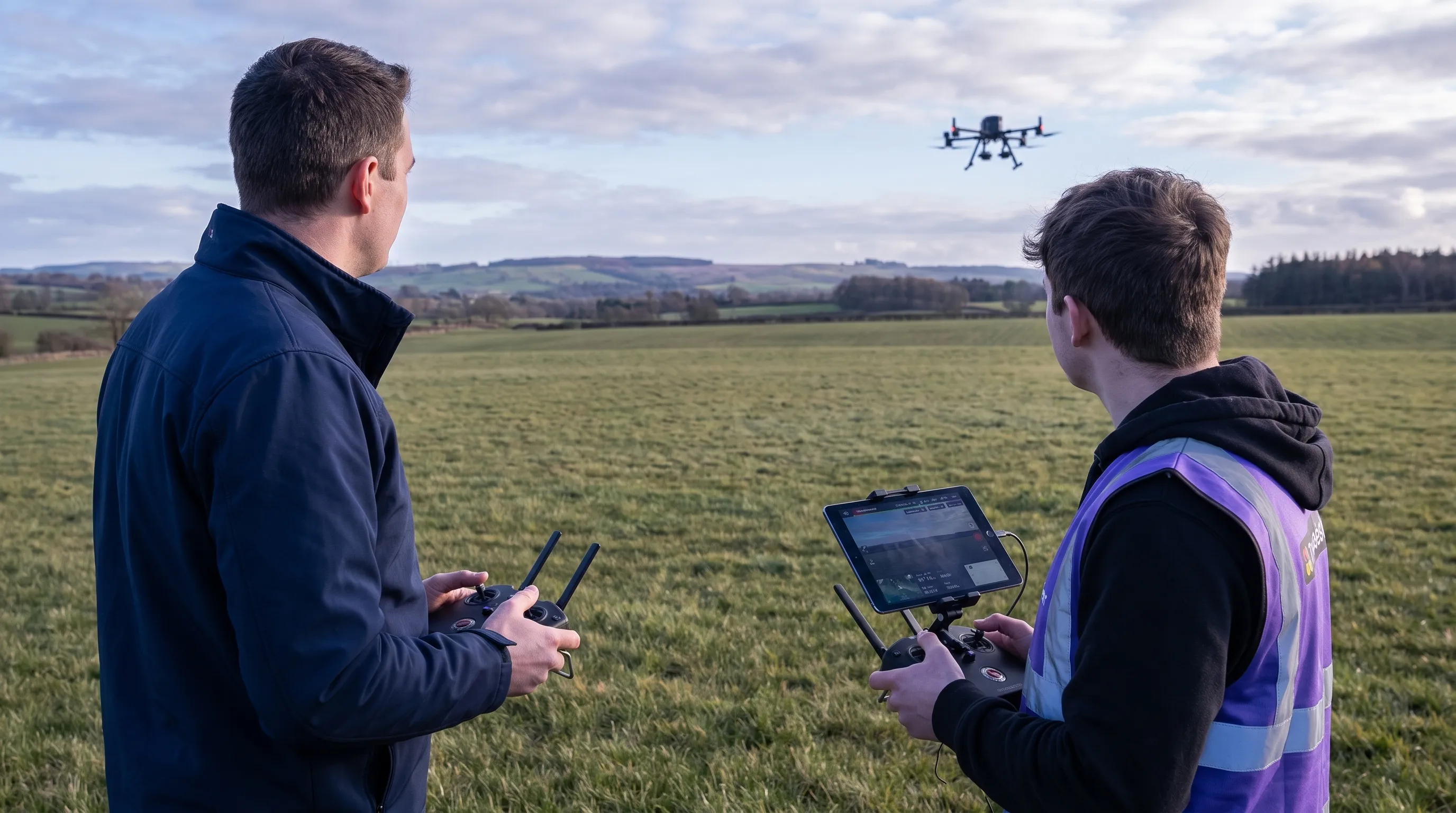 Practical session complementing Part 107 classes in an open training field, with a DJI Matrice 350 RTK flying well away from an instructor and trainee, far beyond them and high overhead.