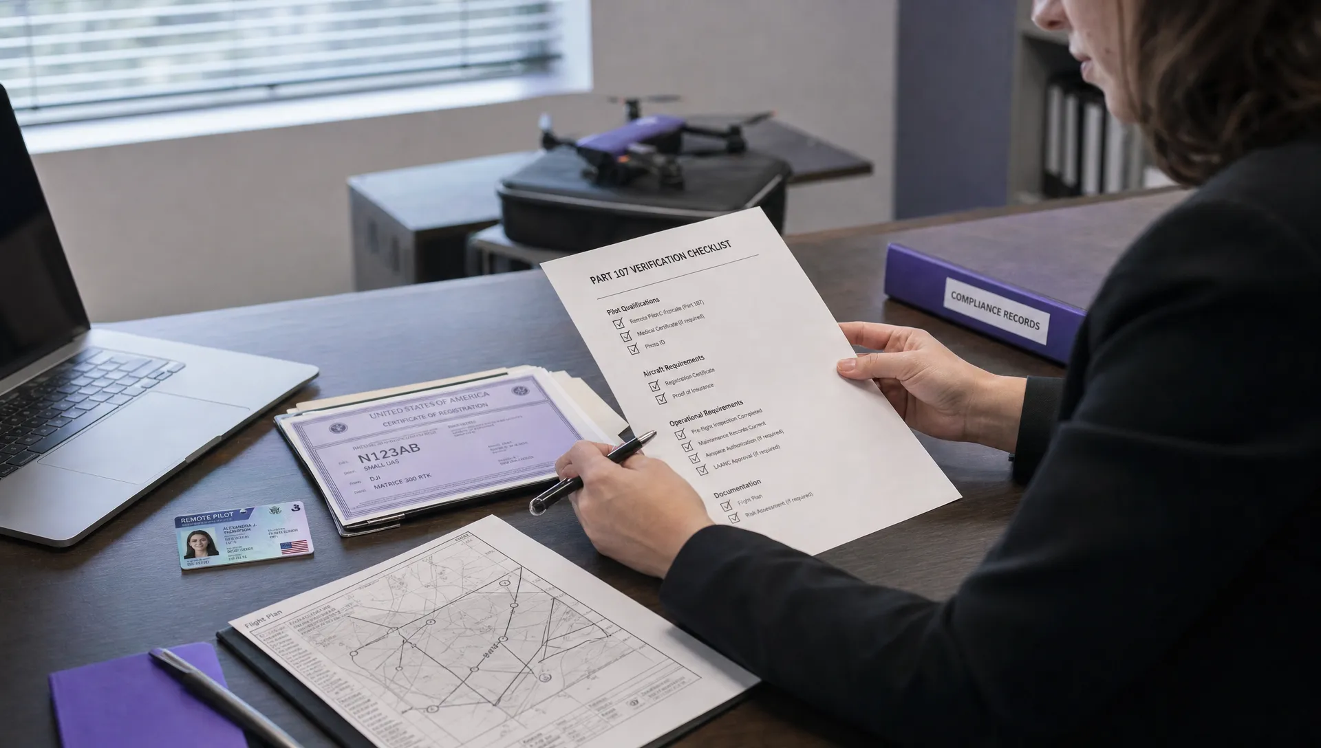 A compliance manager reviews a Part 107 verification checklist beside pilot ID, aircraft registration papers and a printed flight plan.