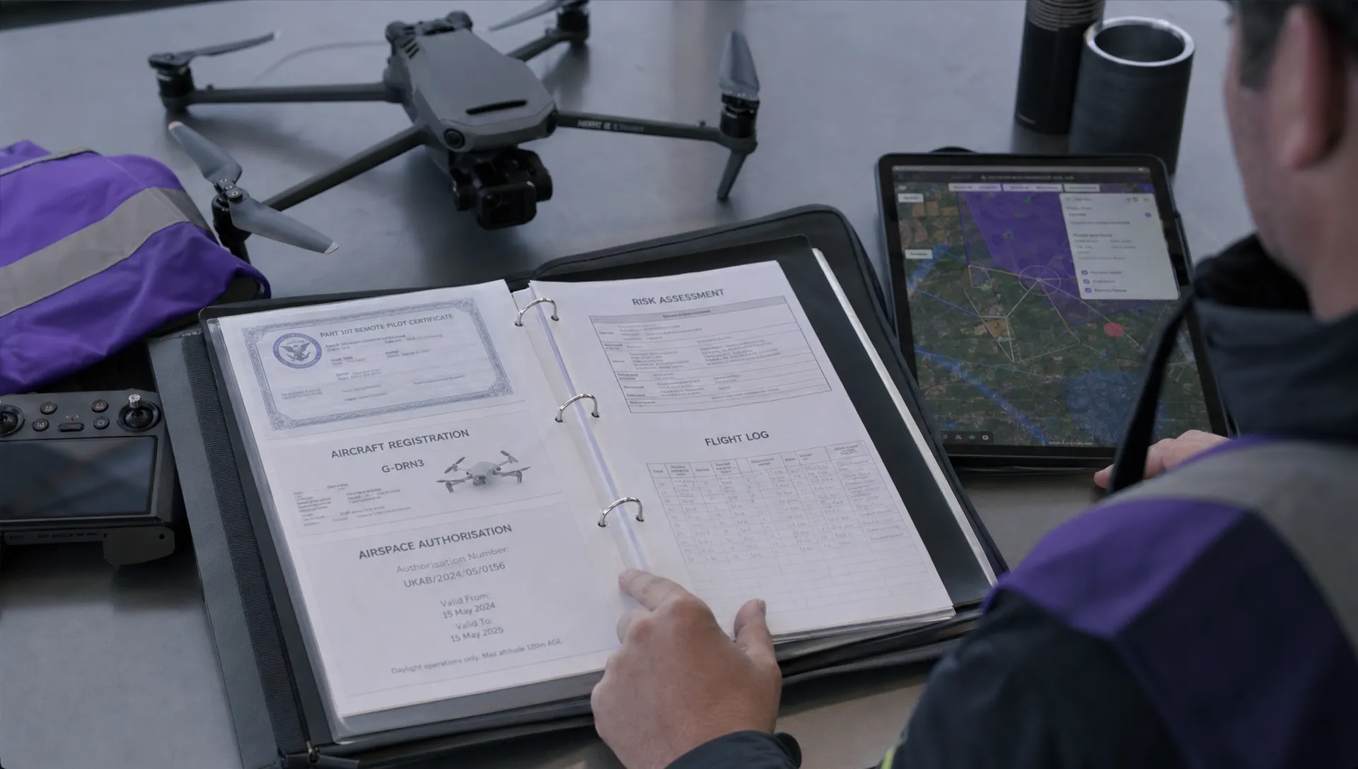 A commercial drone operations folder shows part 107 license records, aircraft registration, airspace authorisations, risk assessments and flight logs beside a tablet with a site map.