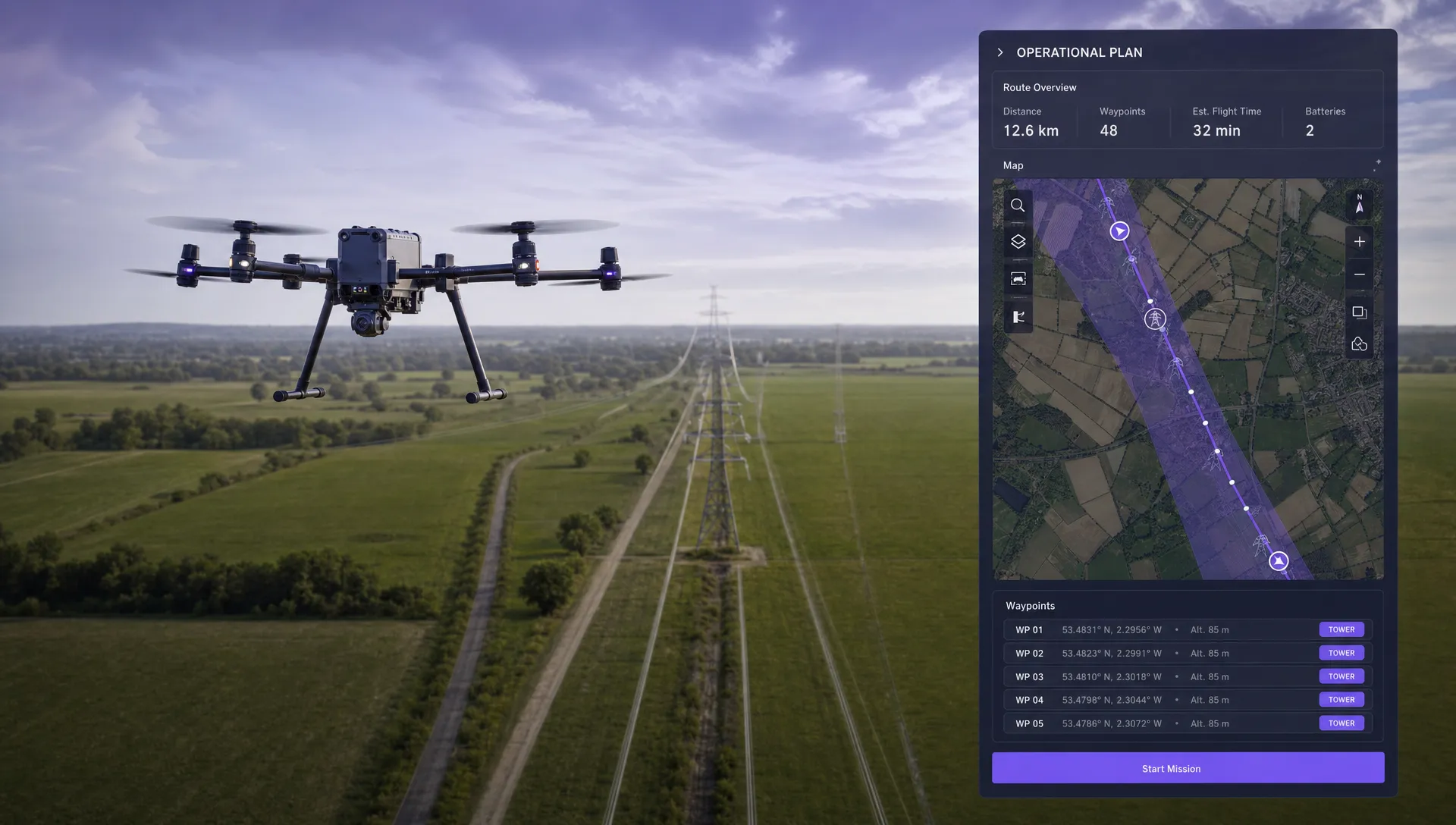 A commercial drone flying above a long utility corridor with powerlines and rural fields, with a marked operational planning map shown beside the route.