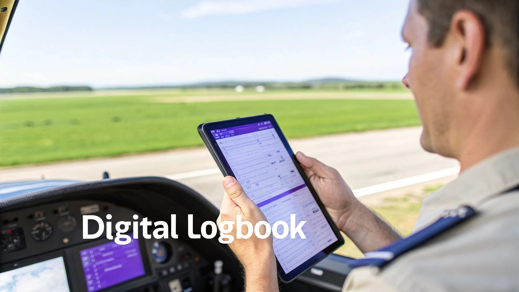 A pilot in a cockpit uses a tablet showing a digital logbook application at an airfield.