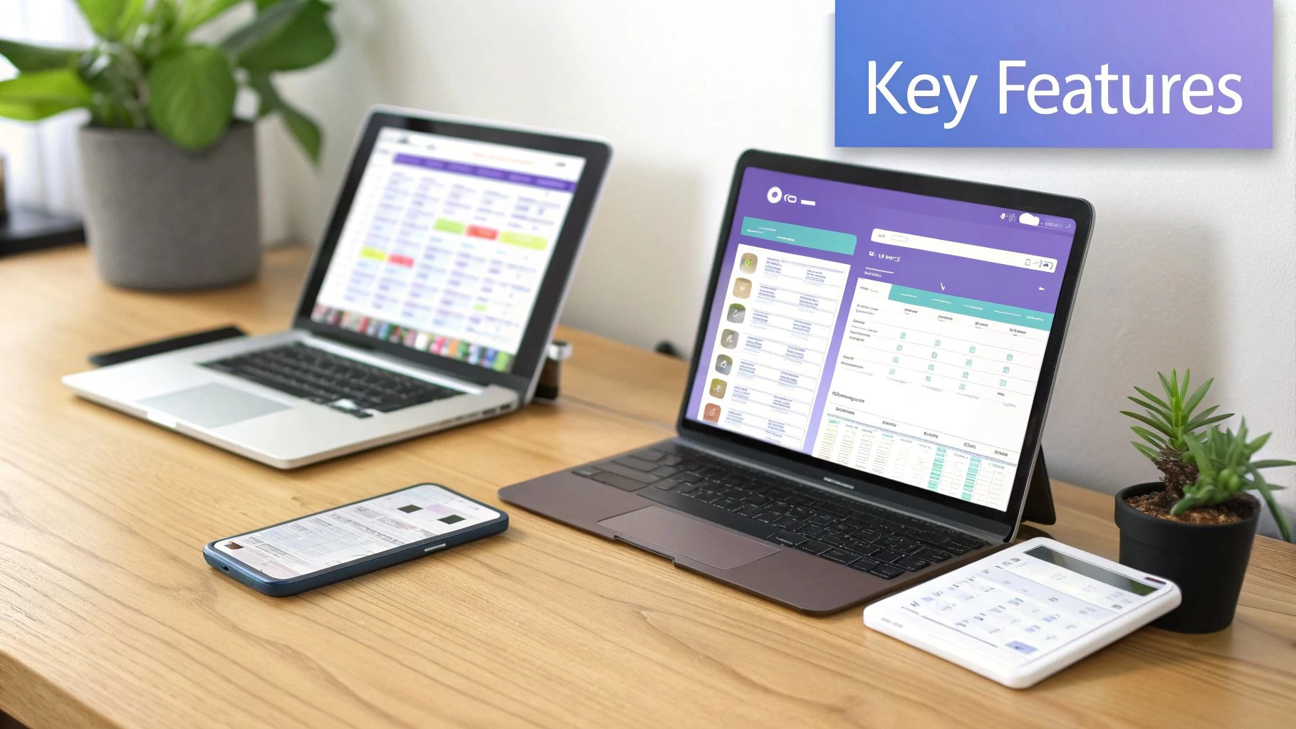 A modern workspace setup with two laptops, a smartphone, a calculator, and green plants, displaying a pilot logbook app interface.