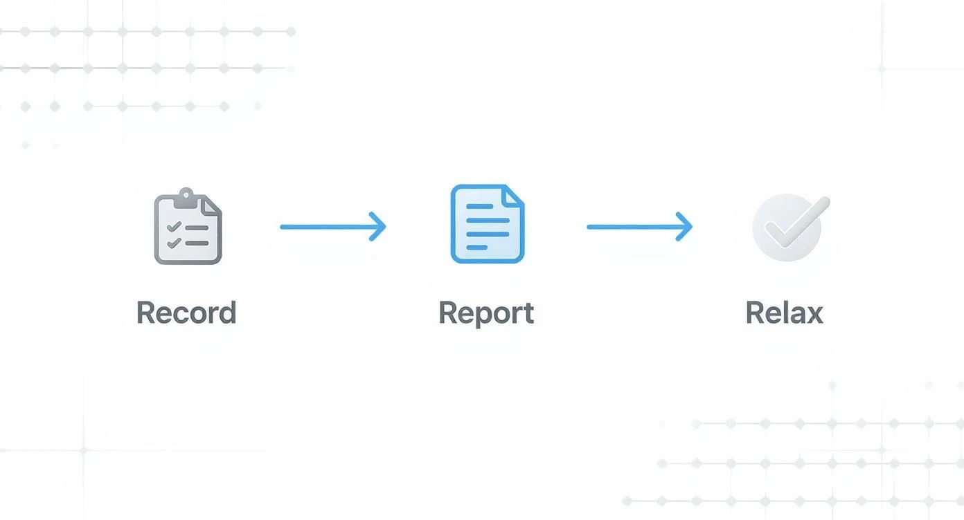 A three-step workflow diagram showing record, report, and relax with respective icons and arrows.