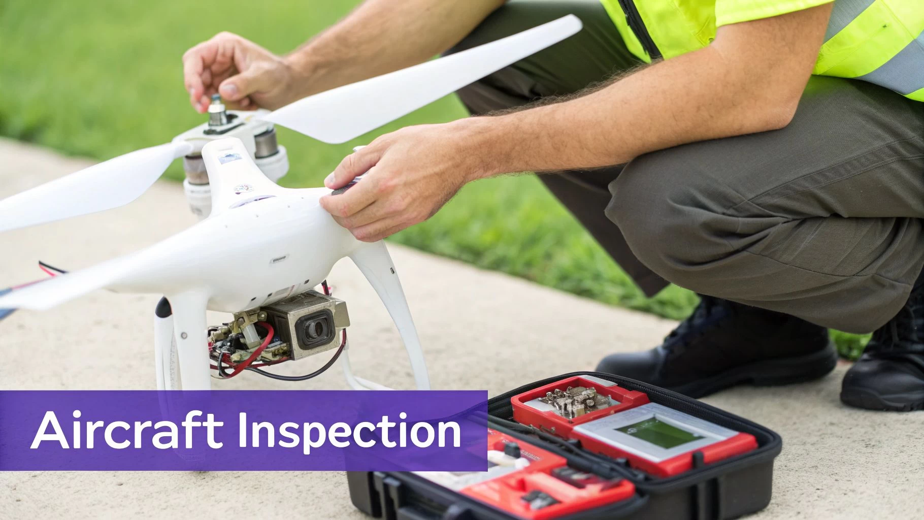 A person in a high-visibility vest inspects a white drone, likely performing a pre-flight check.