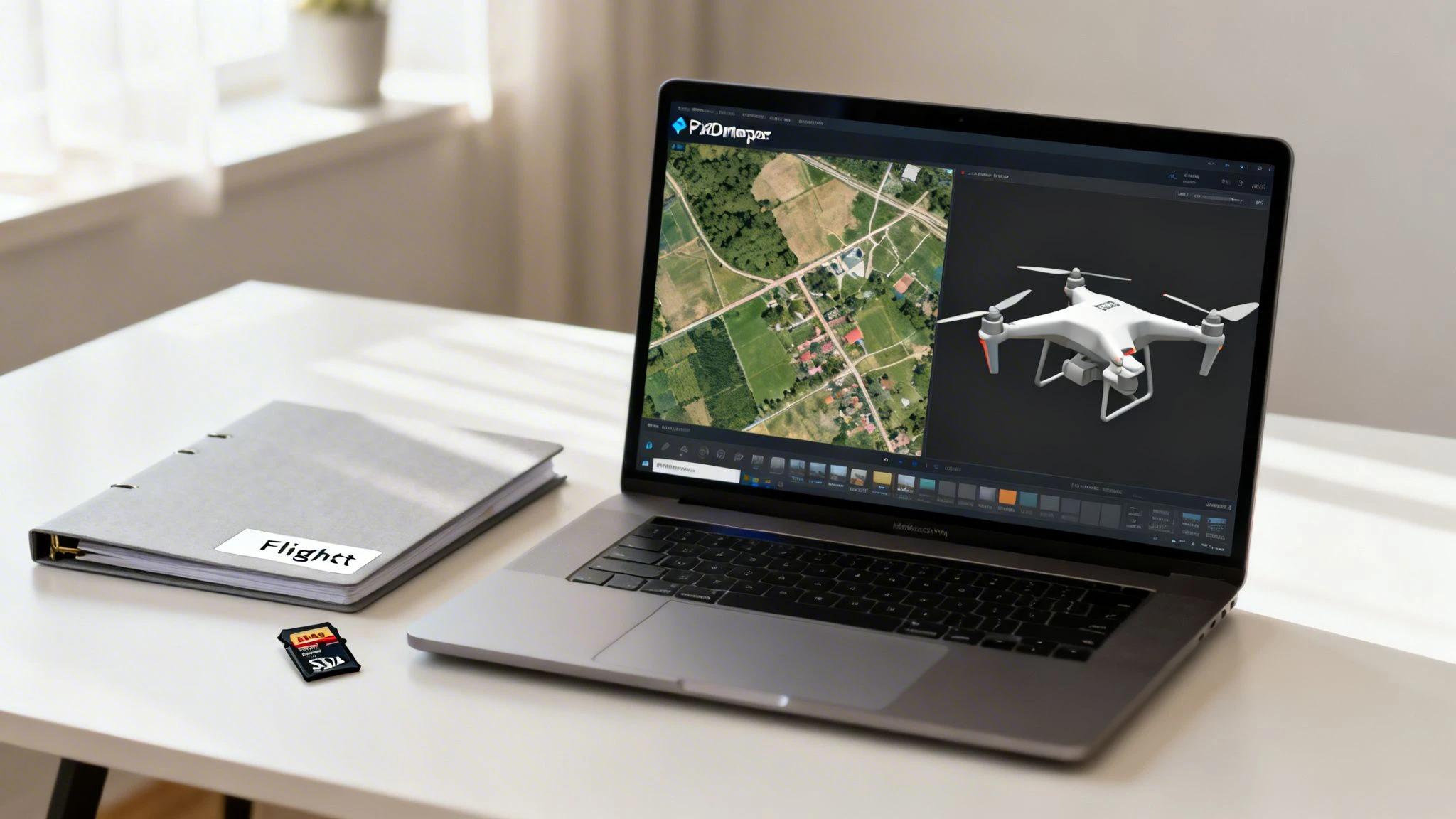 A laptop displays drone mapping software with an aerial map and a 3D drone model on a white desk.