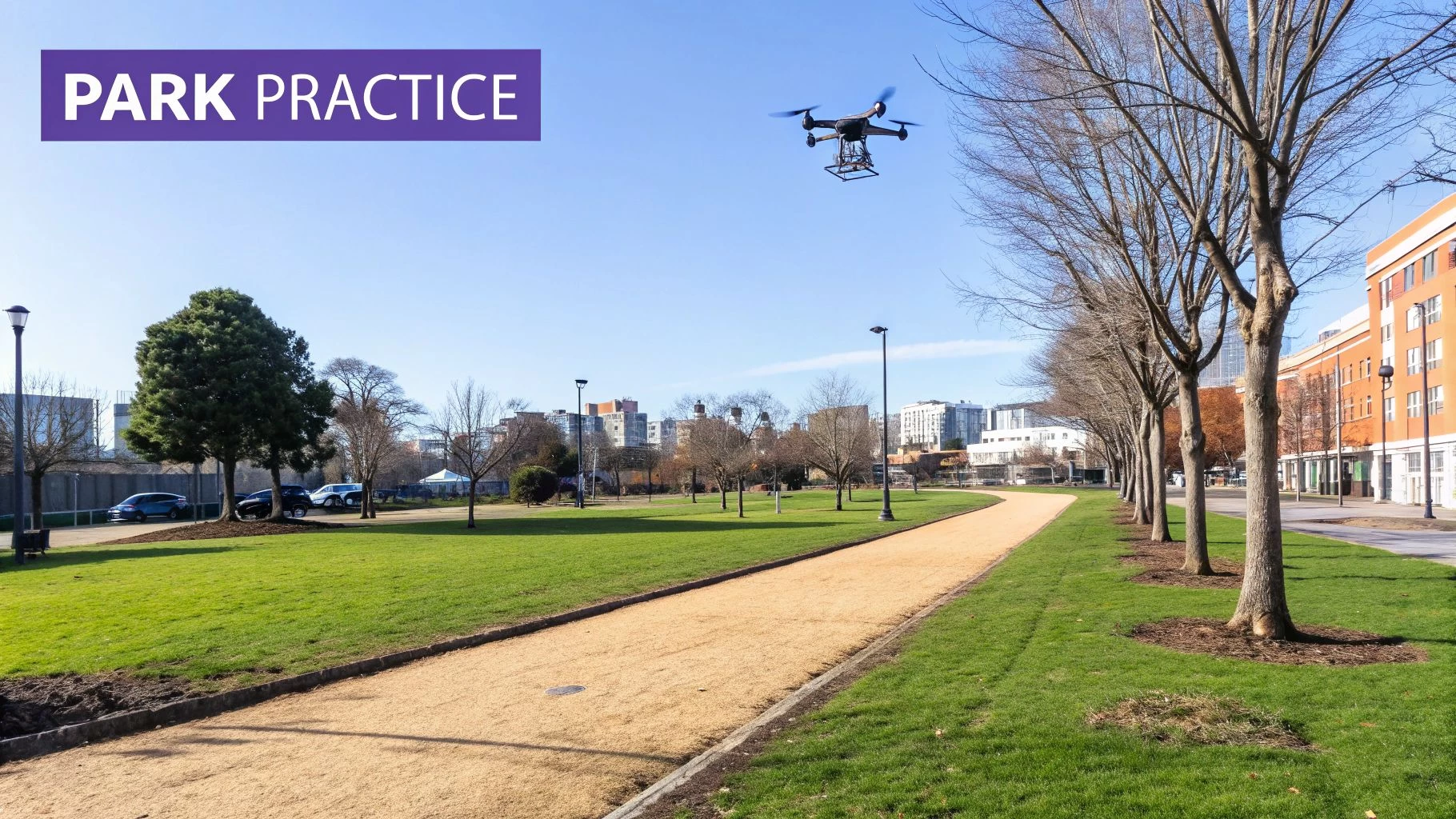 A drone flies over a public park with a walking path, green grass, trees, and buildings.