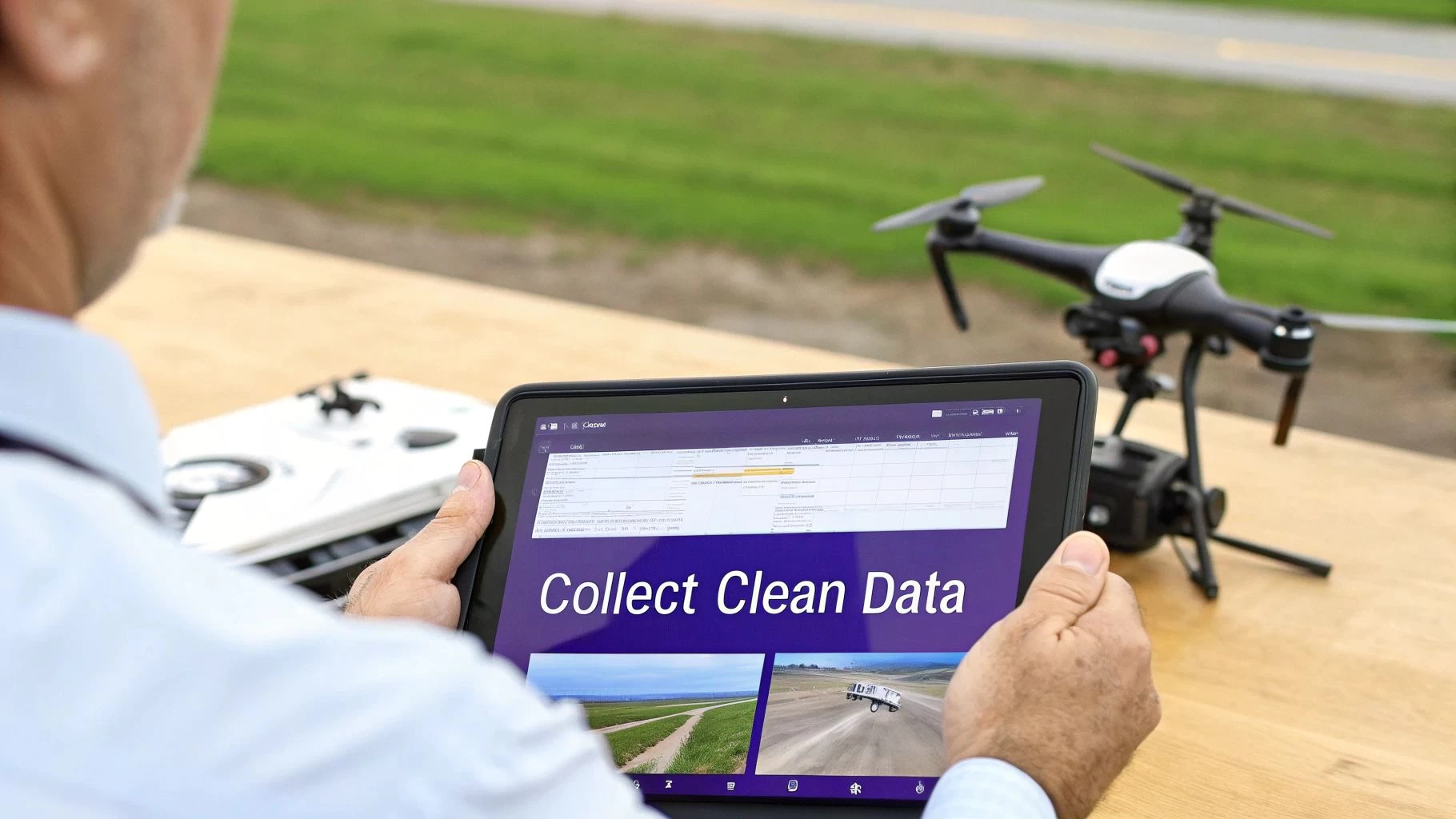 A person reviews data on a tablet next to a drone, displaying 'Collect Clean Data' on screen.
