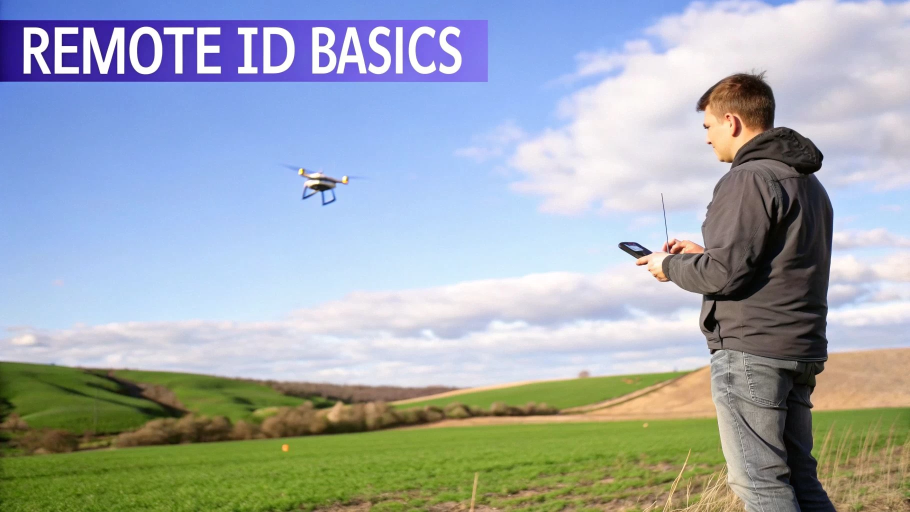 A drone flying in a clear sky, symbolizing the new era of airspace accountability with Remote ID.