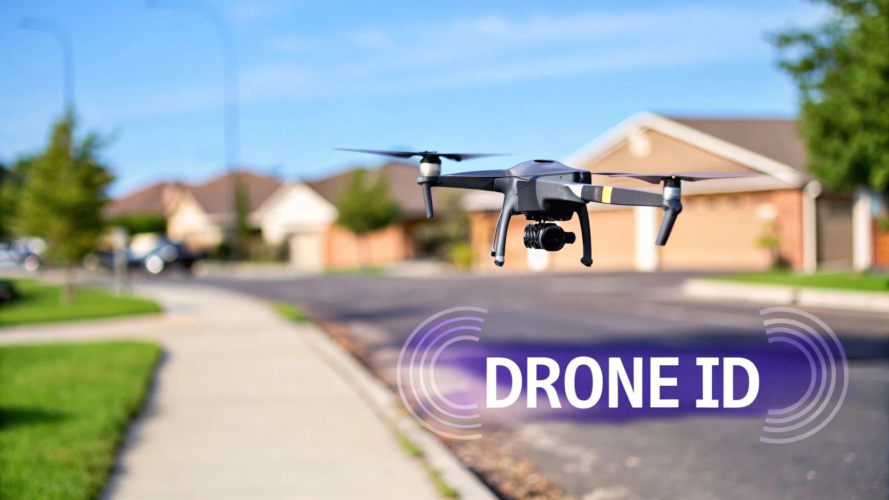 A drone flying over a green landscape, illustrating the concept of Remote ID in action.