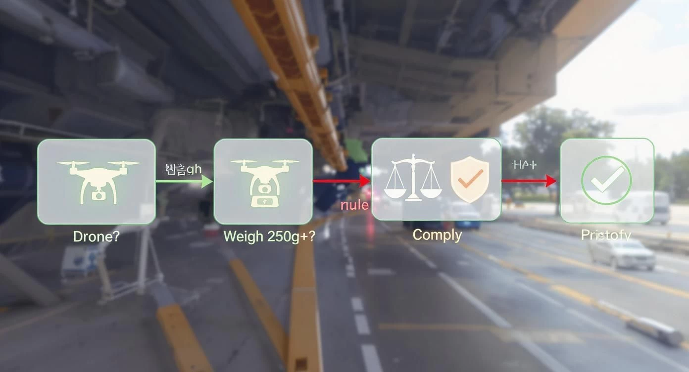 An infographic decision tree showing the path to determine if a drone needs Remote ID compliance, starting with a drone icon, then a weight scale icon, and ending with a compliance checkmark.